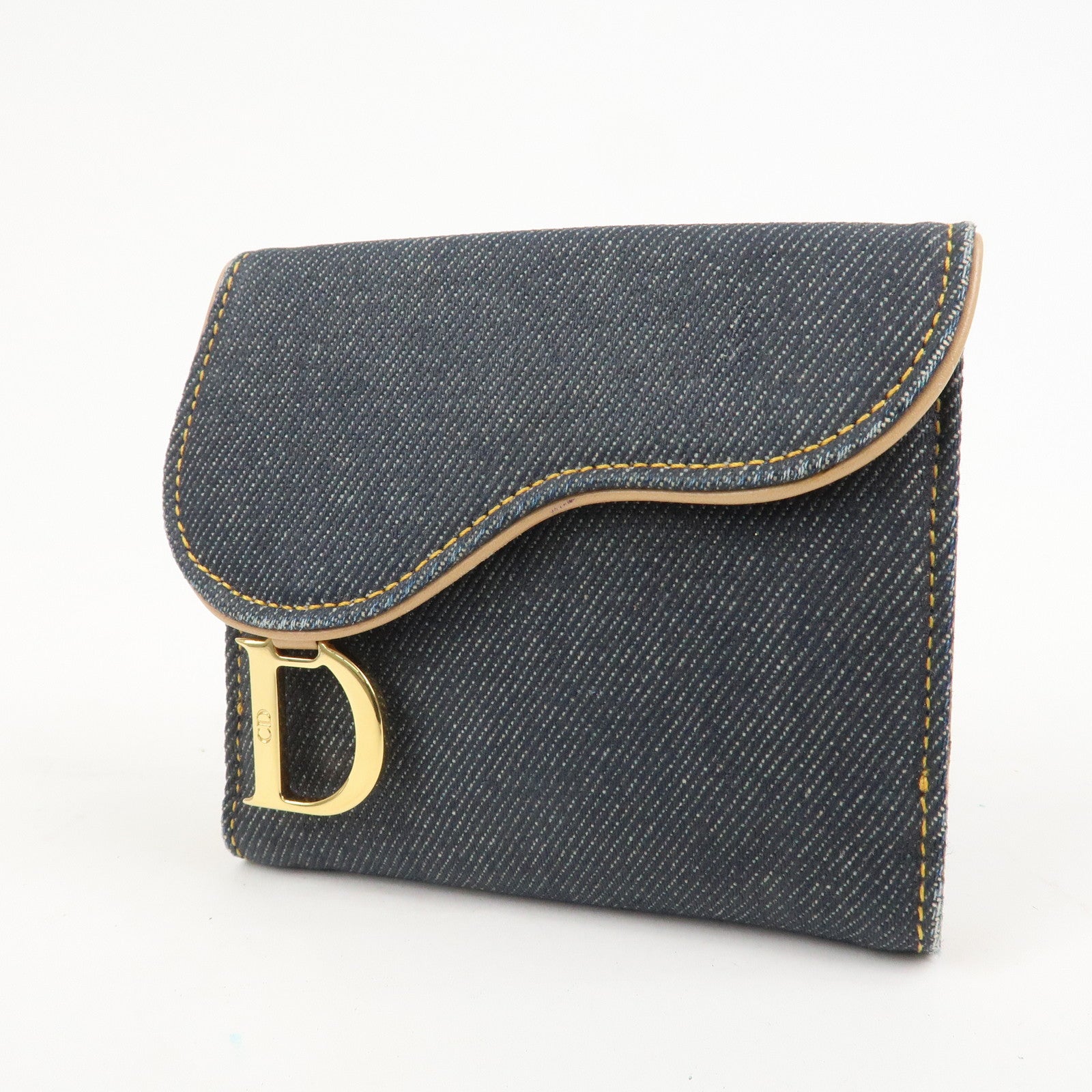 Christian Dior Saddle Denim Leather Compact Wallet Indigo Blue