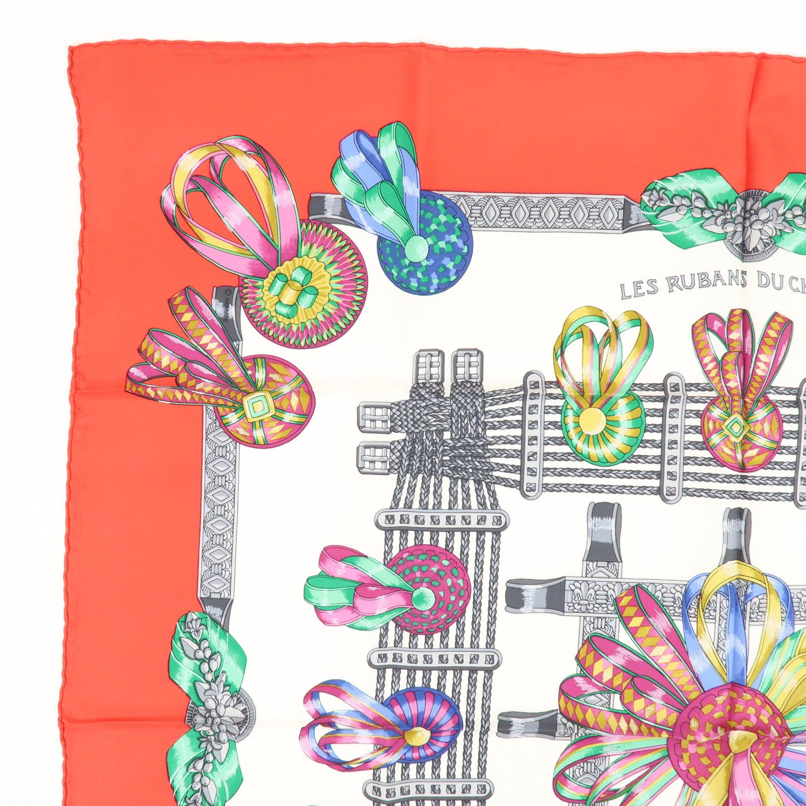 HERMES Carre 90 Silk 100% LES RUBANS DU CHEVAL Scarf White Red