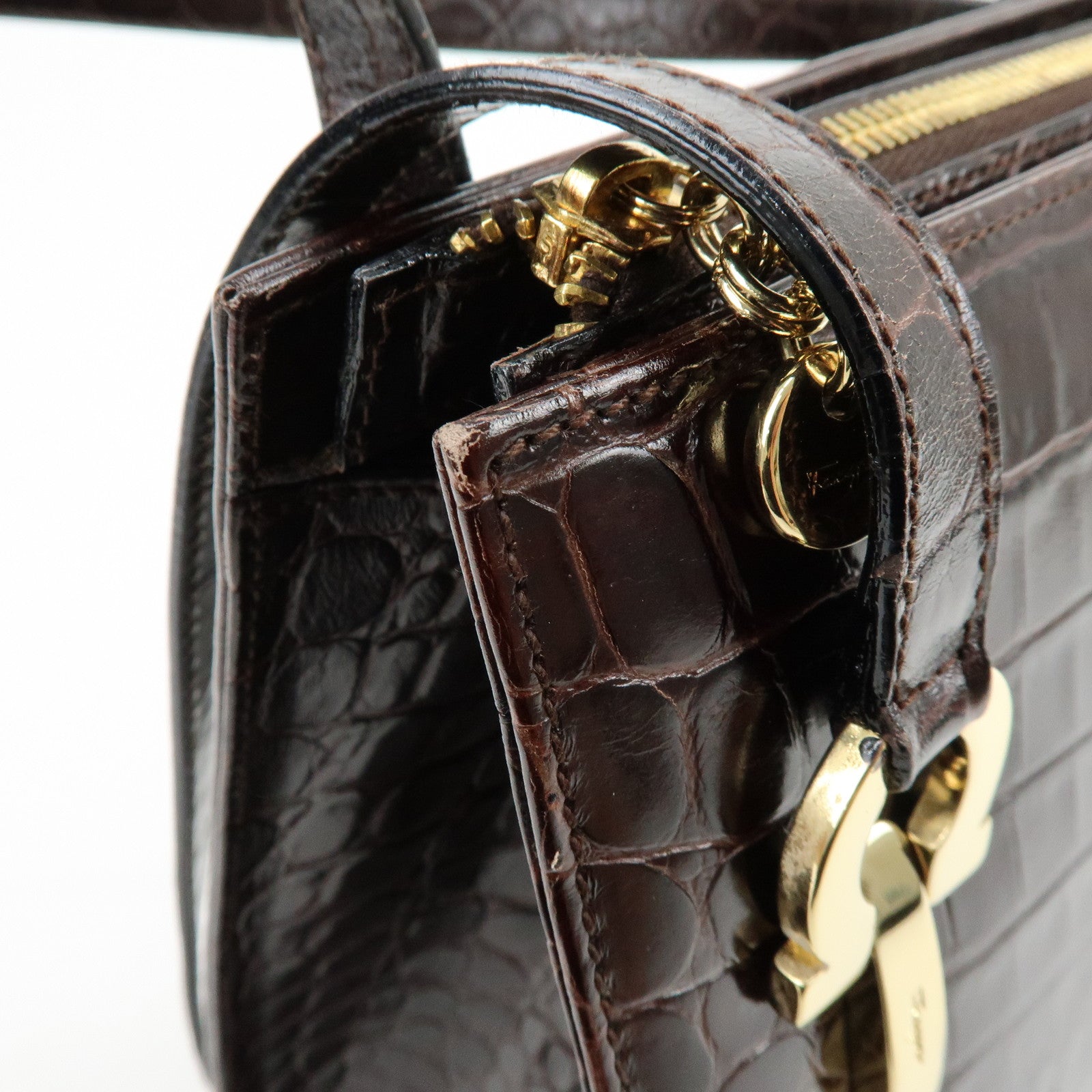 Ferragamo Gancini Embossed Leather Shoulder Bag Tote Bag Dark Brown
