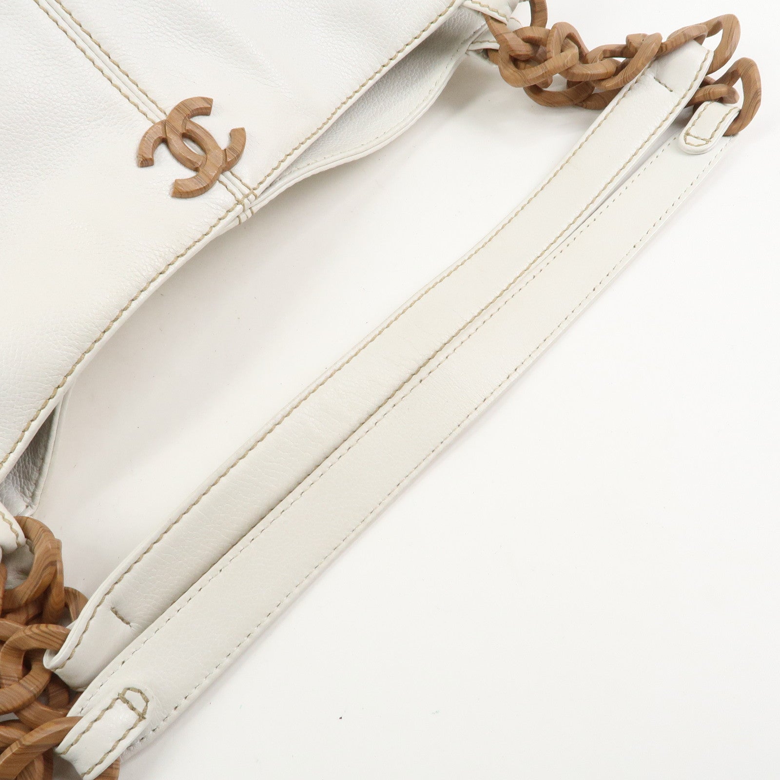 CHANEL COCO Mark Leather Wood Chain Shoulder Bag Off White 18MB096
