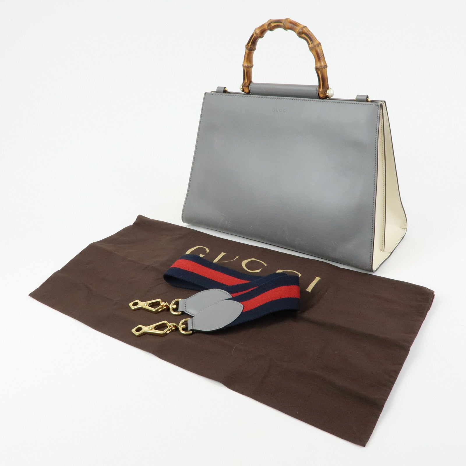 GUCCI Sherry Bamboo Nymphaea Leather 2Way Bag Gray White 453764