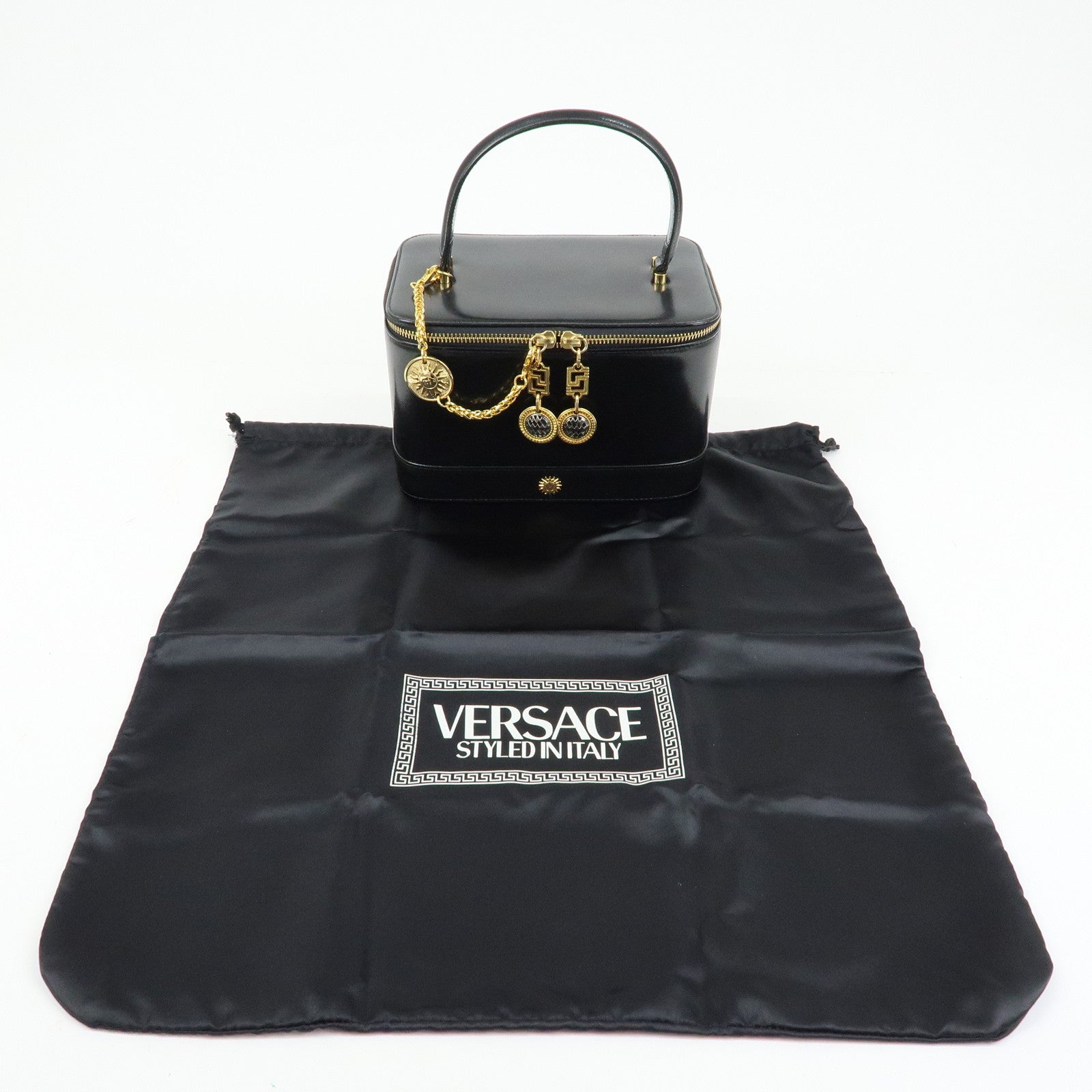 GIANNI VERSACE Leather Hand Bag Vanity Case Gold Charm Black