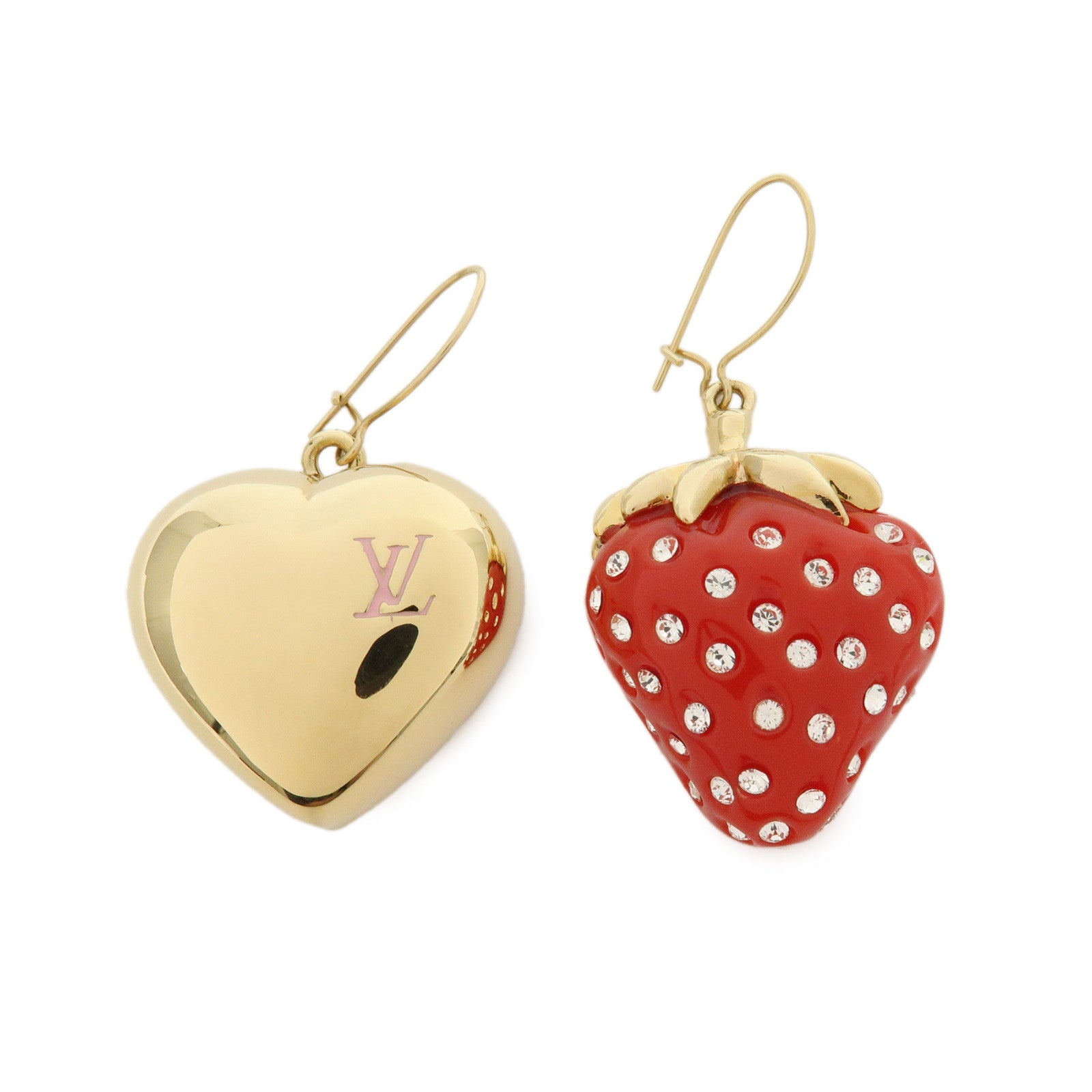 Louis Vuitton Metal Rhinestone Strawberry Earrings Gold Red M64922
