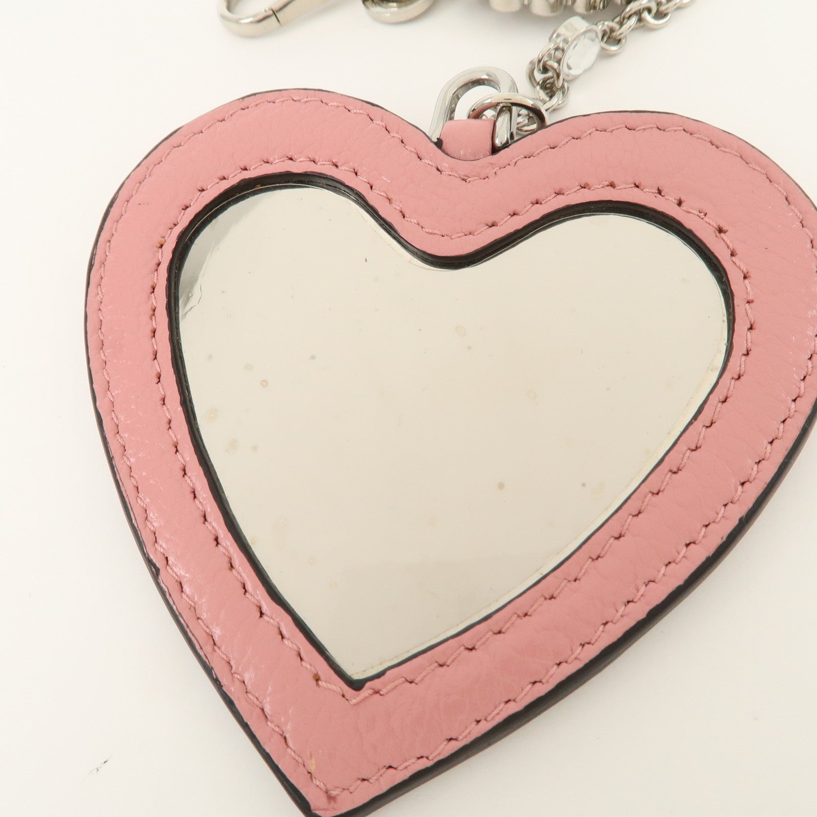MIU MIU Leather Heart Motif Mirror Bag Charm Key Chain Pink 5TL376