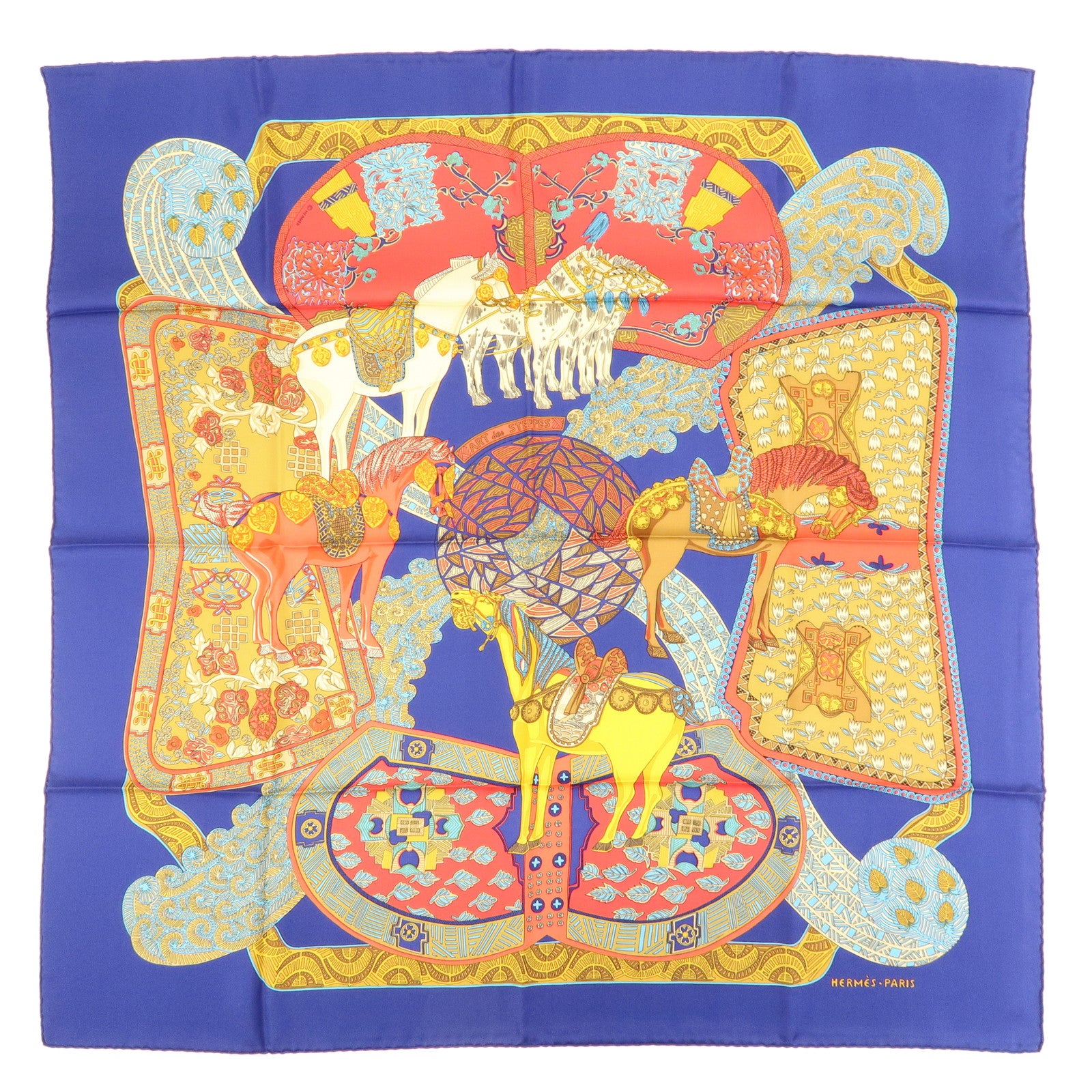 HERMES Carre 90 Silk 100% Scarf ART des STEPPES Horse Print Navy