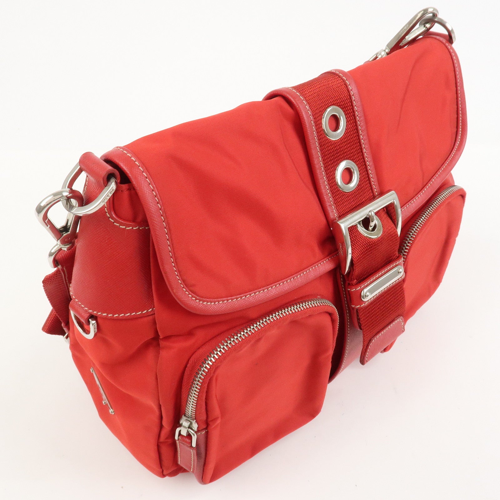 PRADA Triangle Logo Nylon Saffiano Leather Shoulder Bag Red BT0436