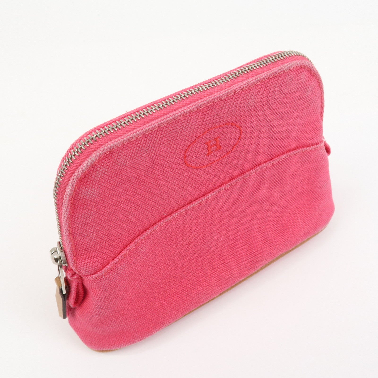 HERMES Canvas Leather Bolide Pouch Cosmetic Pouch Makeup Bag Pink