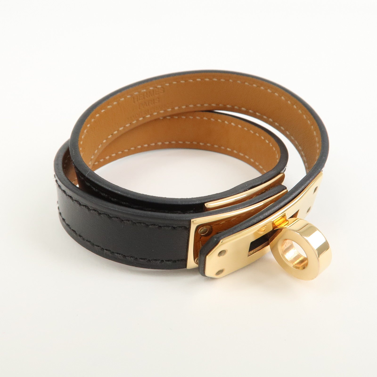 HERMES Kelly Double Tour Bracelet Bangle U Stamped Black Gold