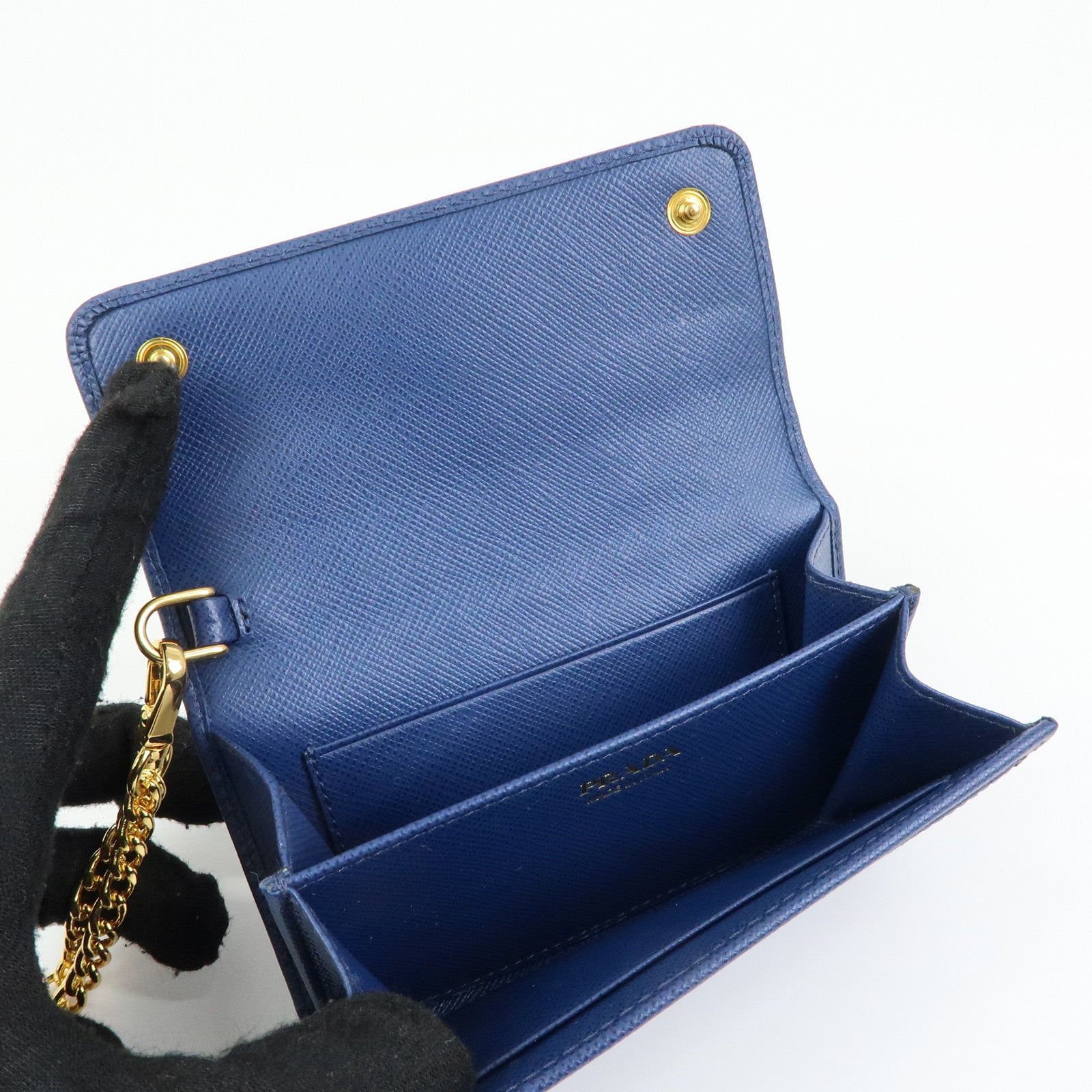 PRADA Saffiano Leather Compact Wallet Card Case Blue 1MC015