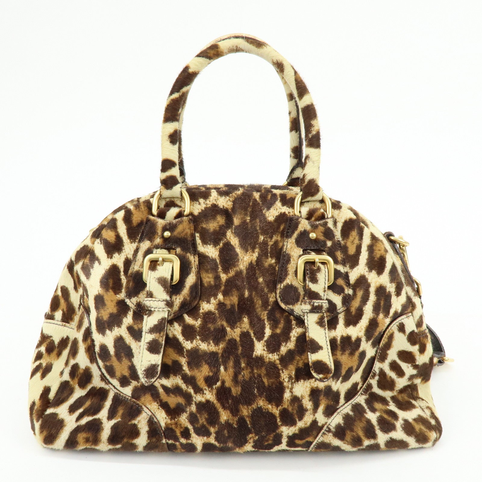 PRADA Pony Hair Leopard 2Way Boston Bag Shoulder Bag Brown BL0429