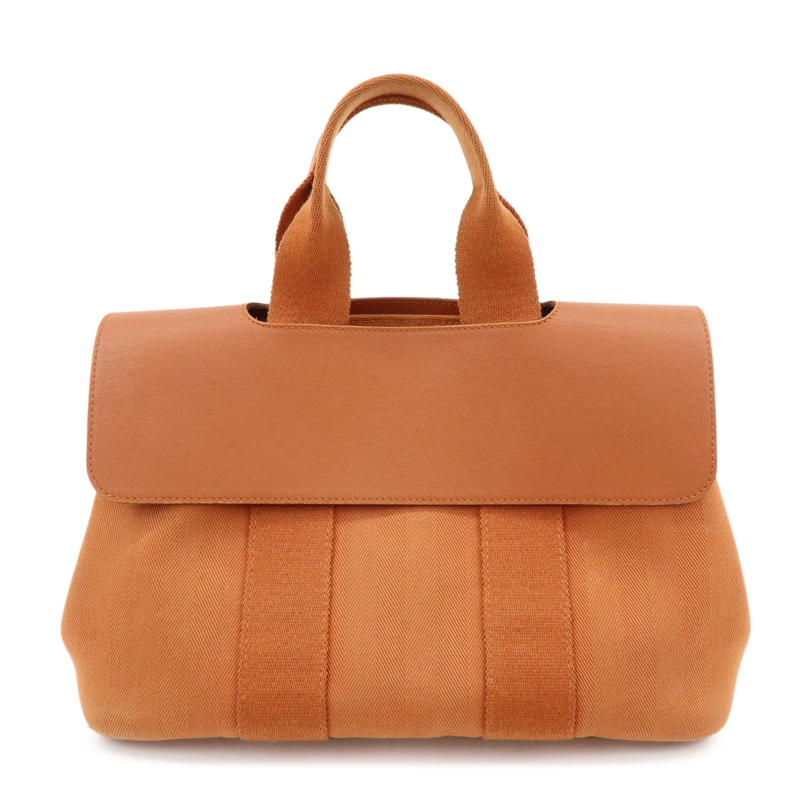 HERMES Valparaiso PM Toile Chevron Leather Tote Bag Hand Bag Brown