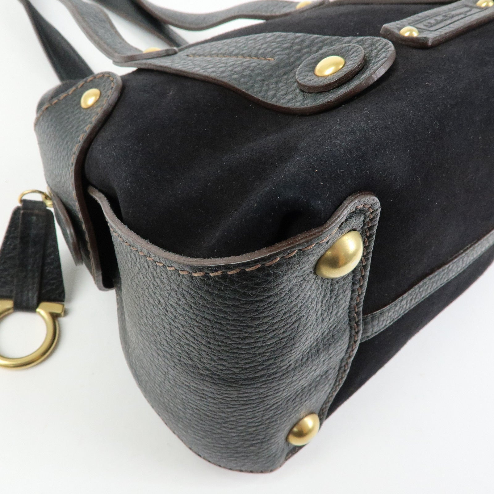 Ferragamo Gancini Suede Leather Shoulder Bag Hand Bag Black