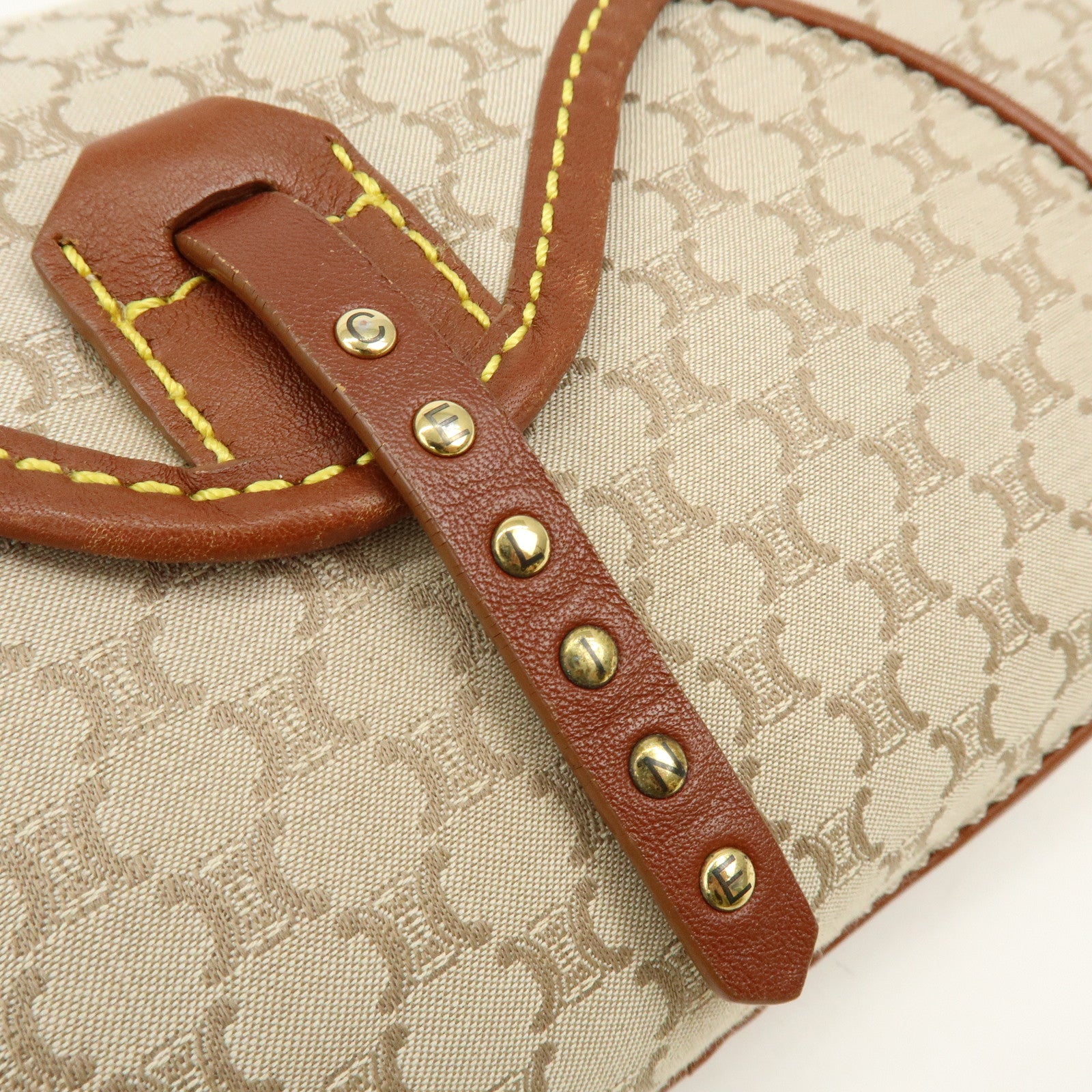 CELINE Macadam Canvas Leather Hand Bag Shoulder Bag Beige Brown