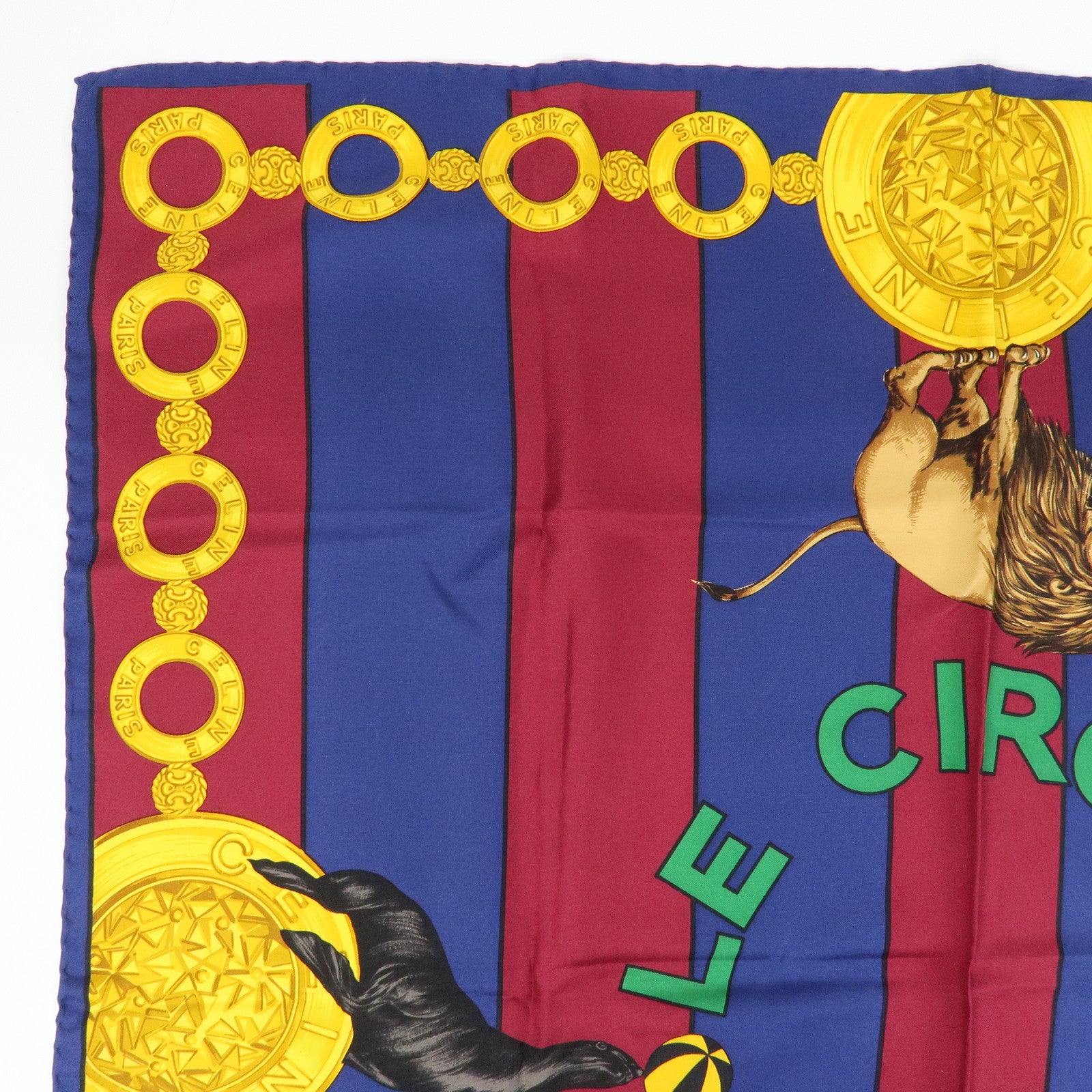 CELINE Silk 100% Scarf  Le Cirque Lion Elephant Motif Navy Blue