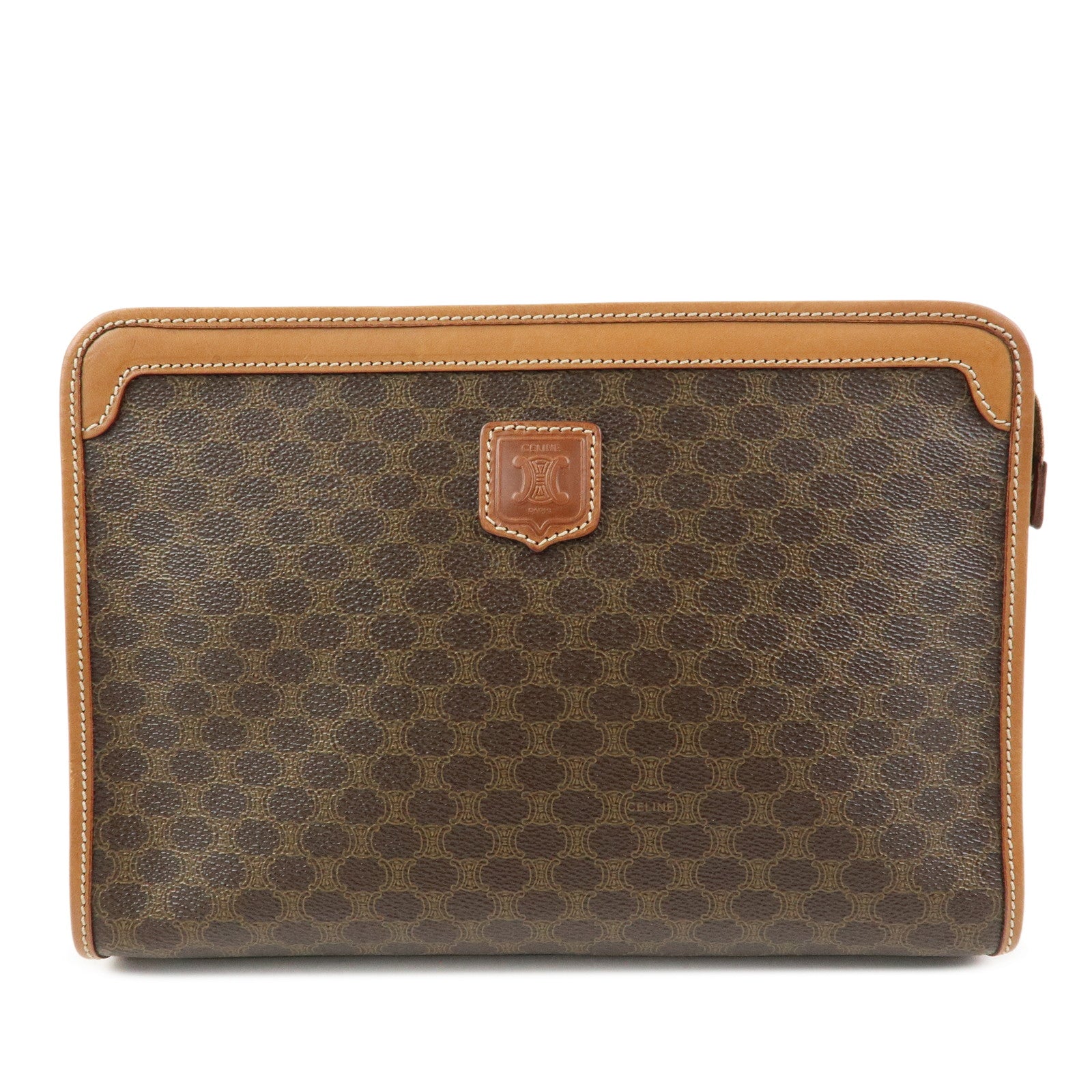 CELINE Macadam PVC Coated Canvas Leather Clutch Bag Pouch Brown