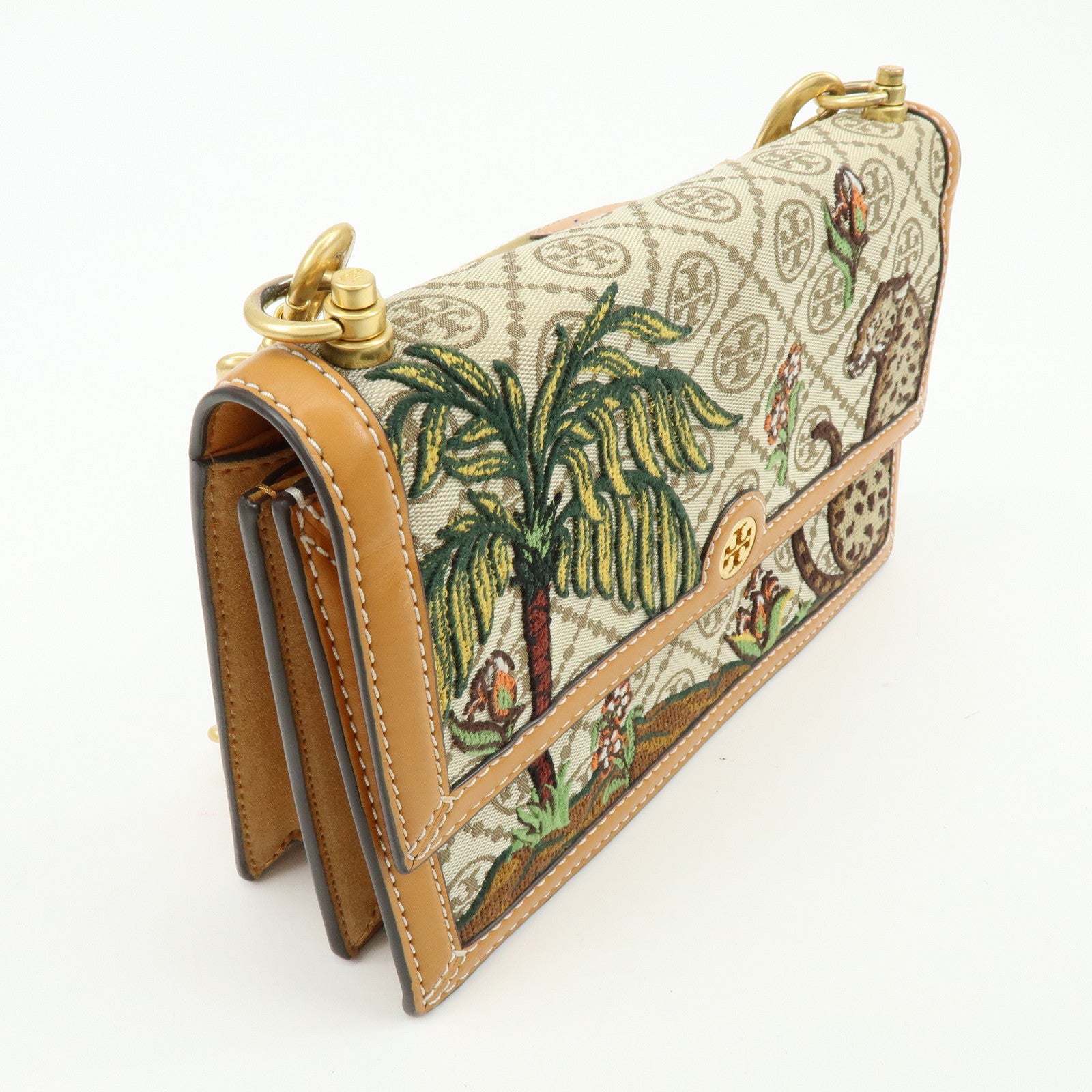 TORY BURCH T Monogram Jacquard Leather Shoulder Bag Leopard Beige