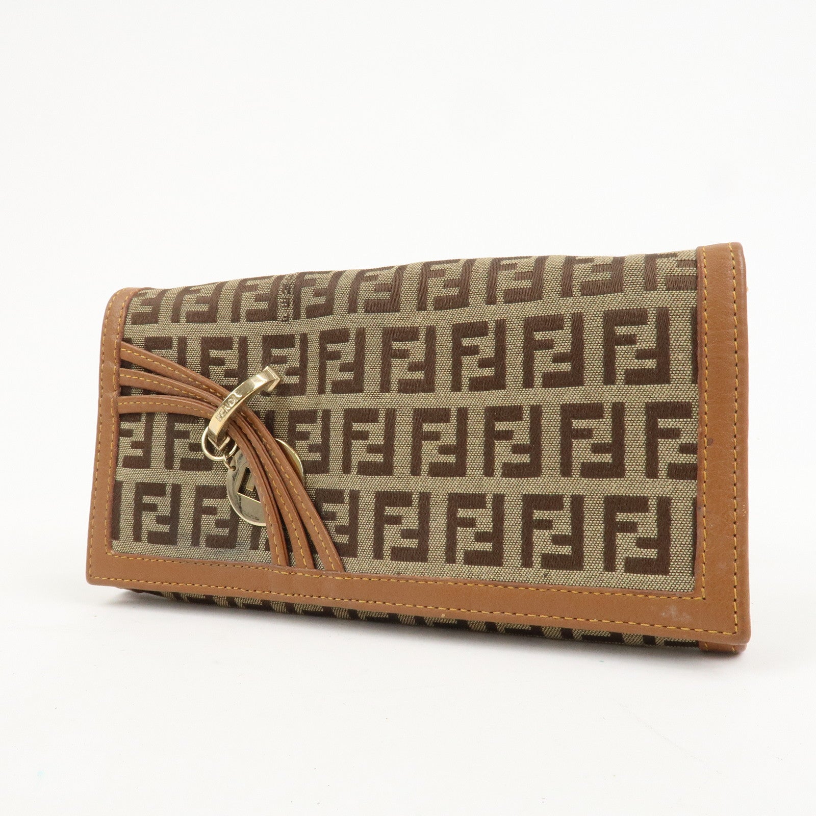 FENDI Zucchino Canvas Leather Bi-fold Long Wallet Brown 8M0000