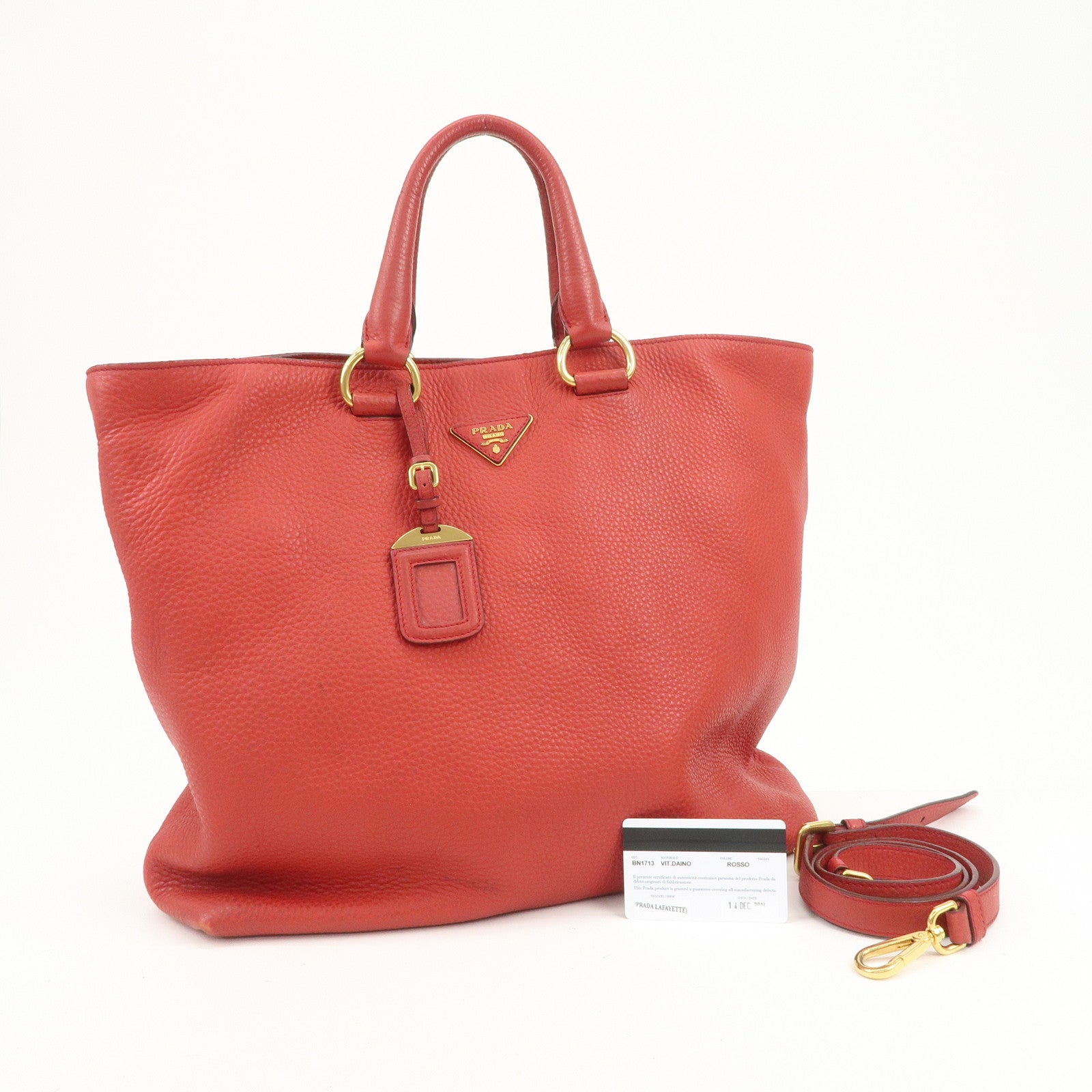 PRADA Triangle Logo Leather 2Way Tote Bag Shoulder Bag Red BN1713