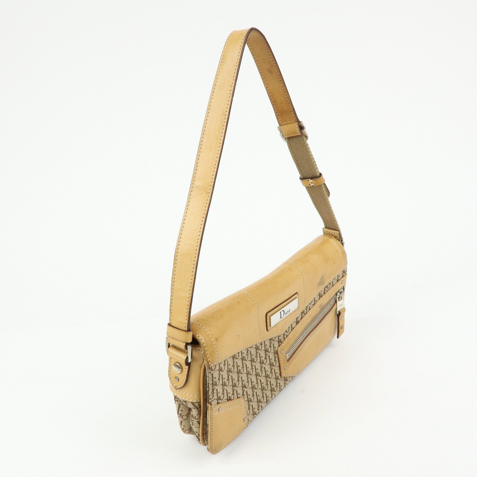 Christian Dior Trotter Canvas Leather Hand Bag Beige Brown