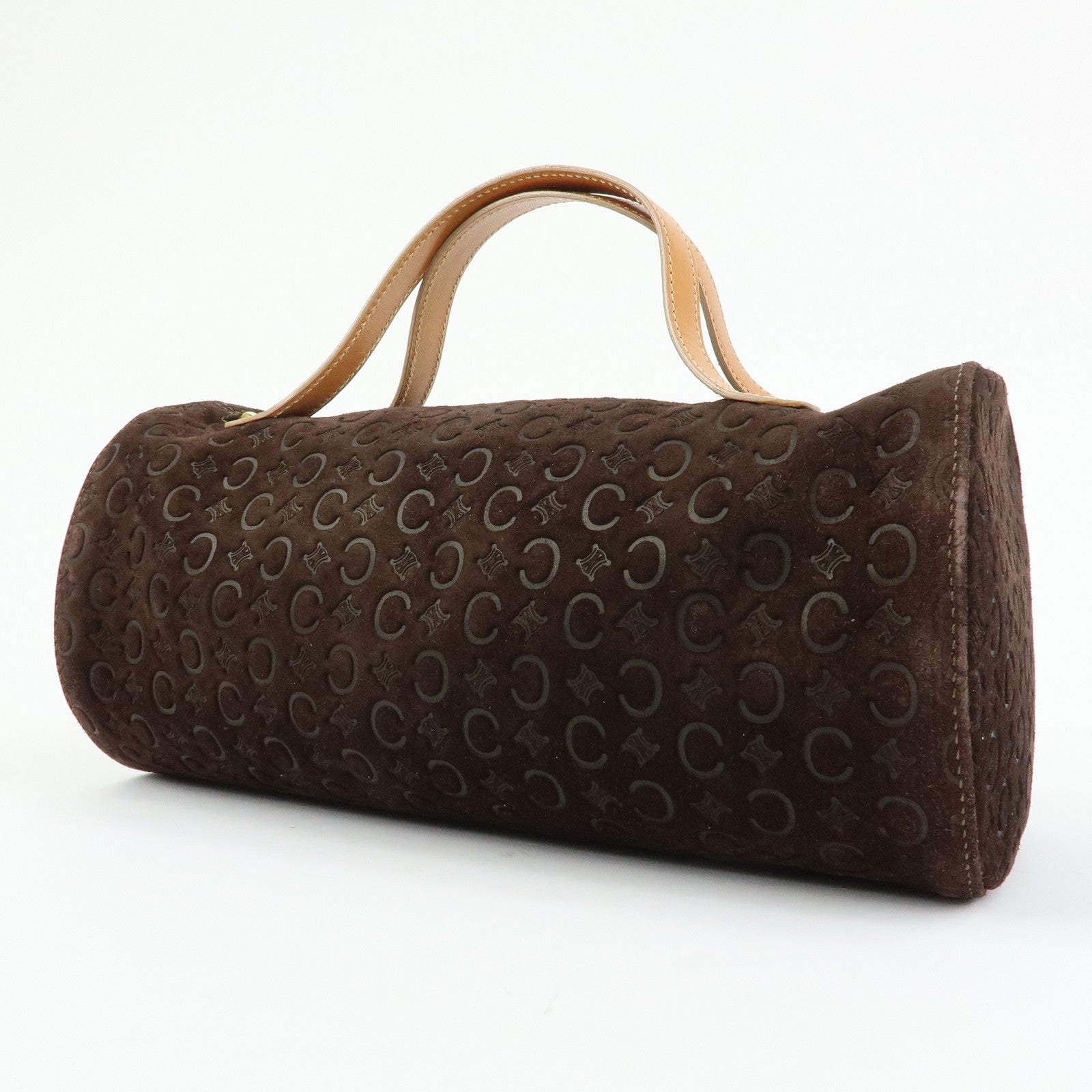 CELINE C Macadam Suede Leather Hand Bag Drum Bag Dark Brown