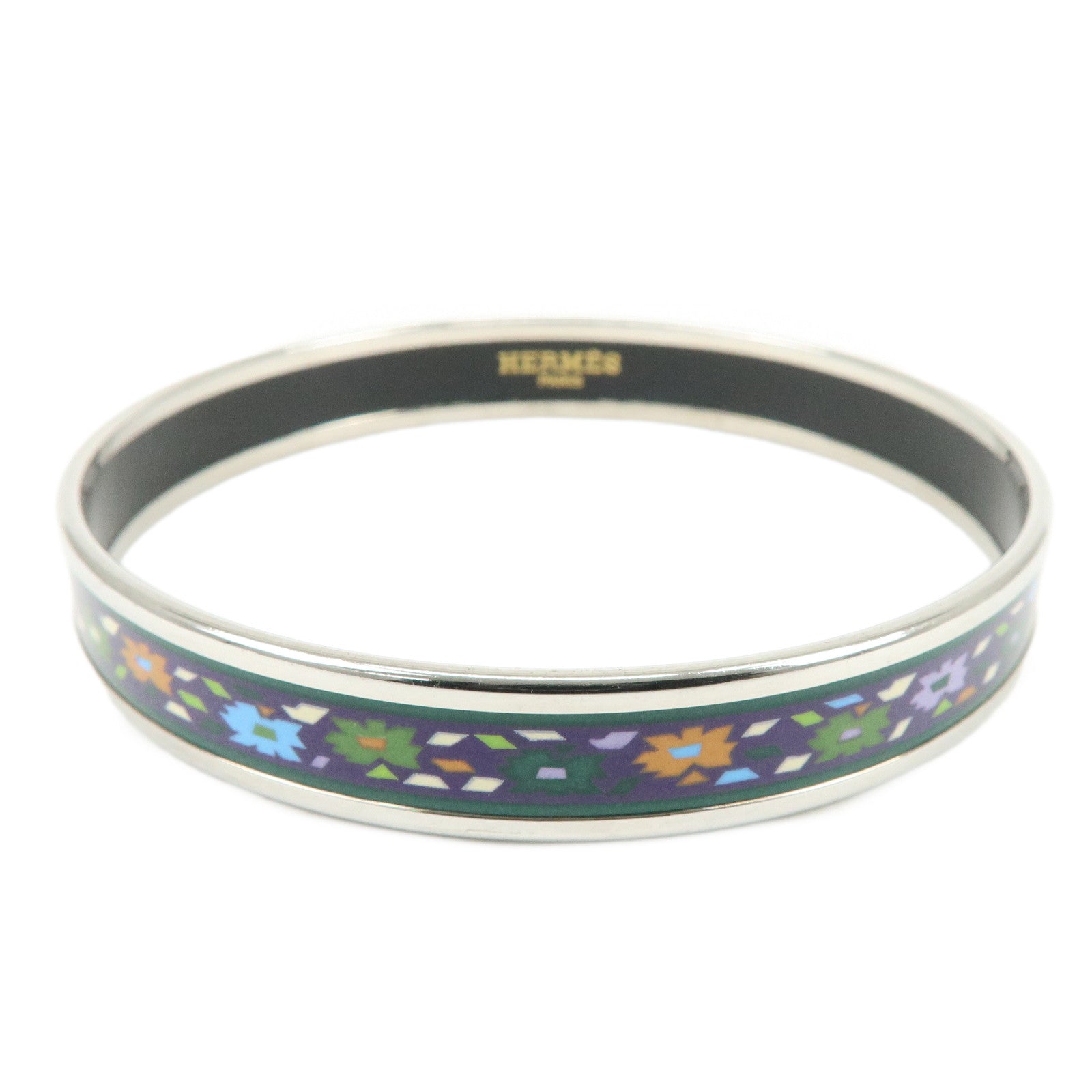 HERMES Email PM Silver Plated Bracelet Bangle Green Multicolor