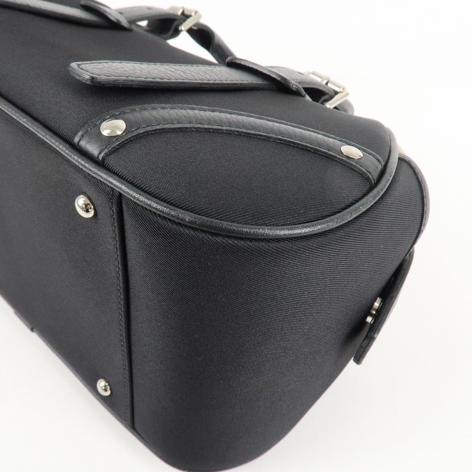 BURBERRY Canvas Leather Nova Plaid Boston Bag Black Beige Used