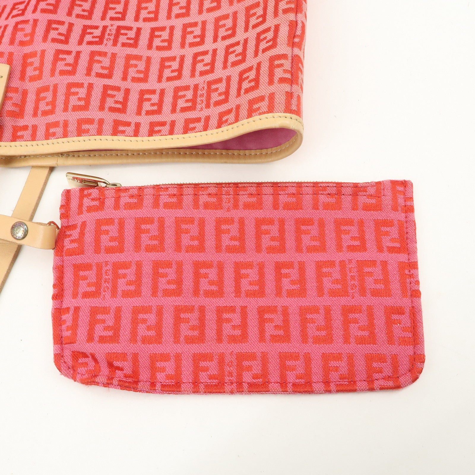 FENDI Zucchino Canvas Leather Tote Bag Shoulder Bag Red Pink 8BH005