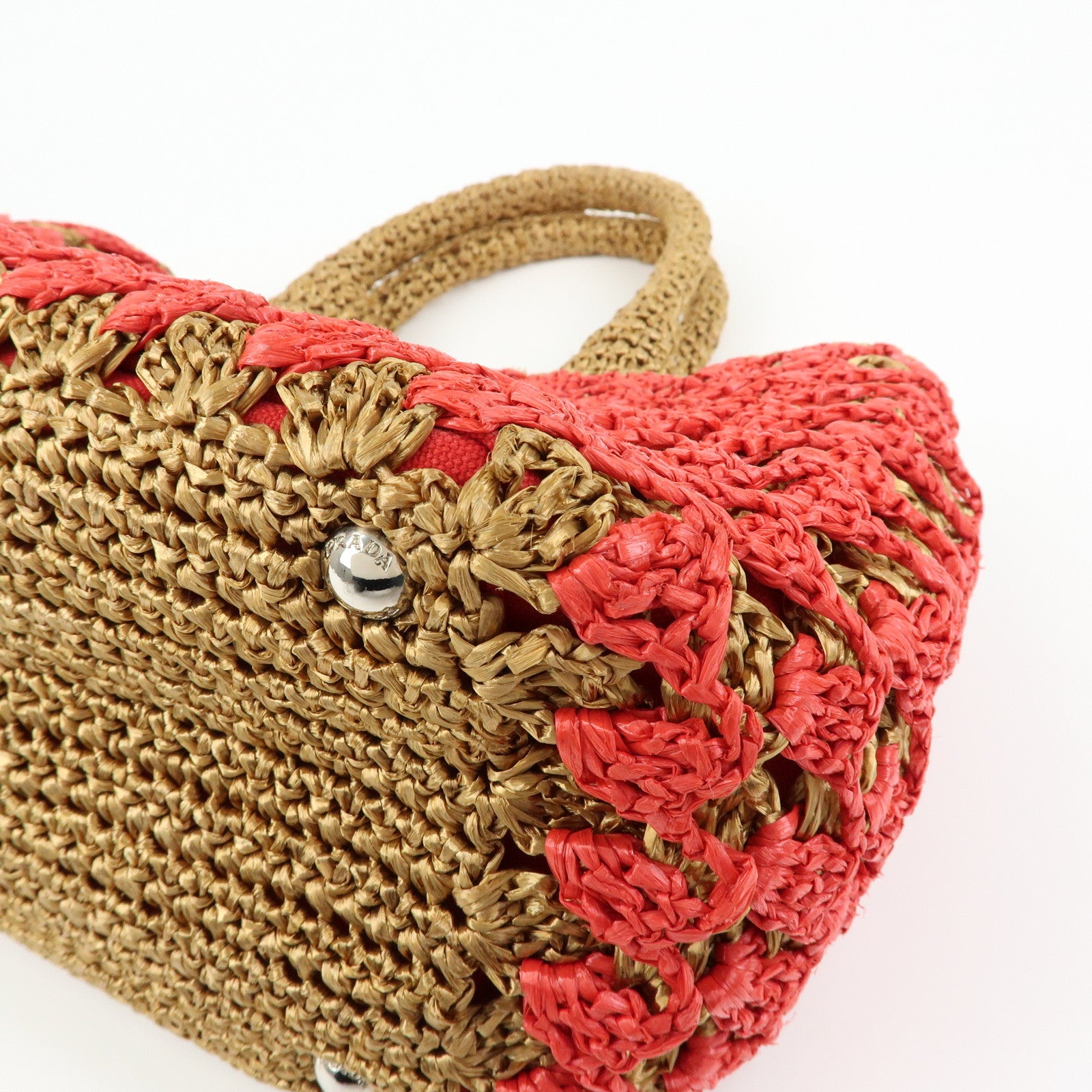 PRADA Triangle Logo Raffia 2Way Bag Hand Bag Shoulder Bag Red Brown