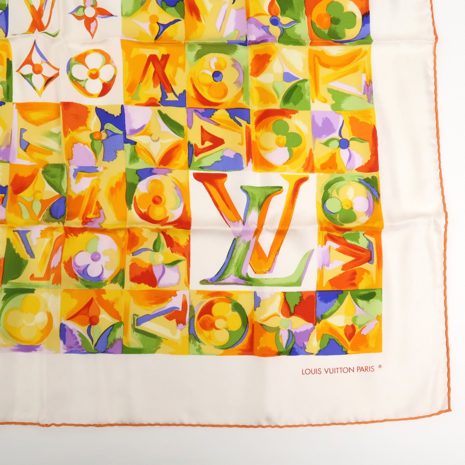 Louis Vuitton Monogram Silk 100％ Scarf White Orange Watercolor