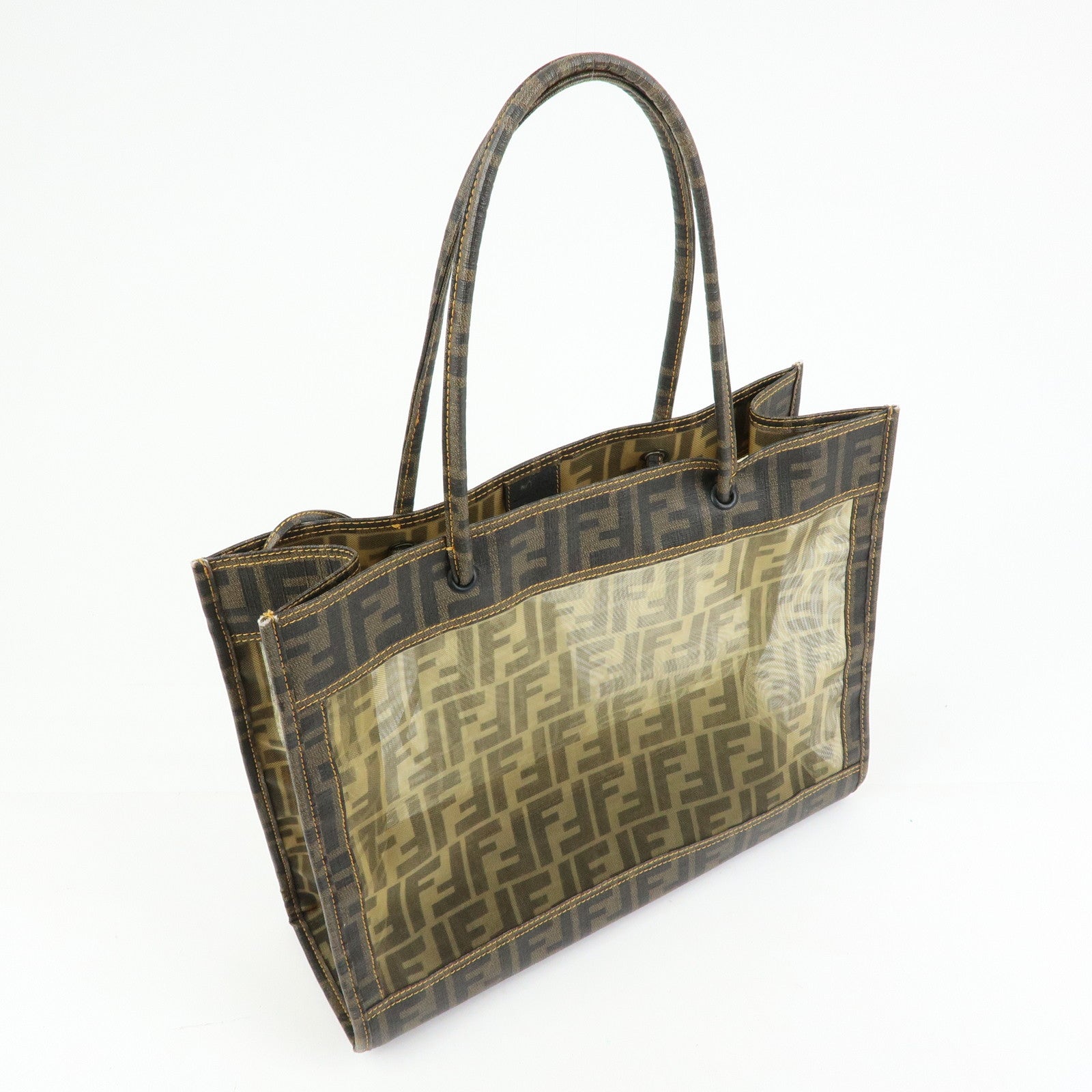 FENDI Zucca Mesh PVC Canvas Tote Bag Shoulder Bag Brown 8BH183