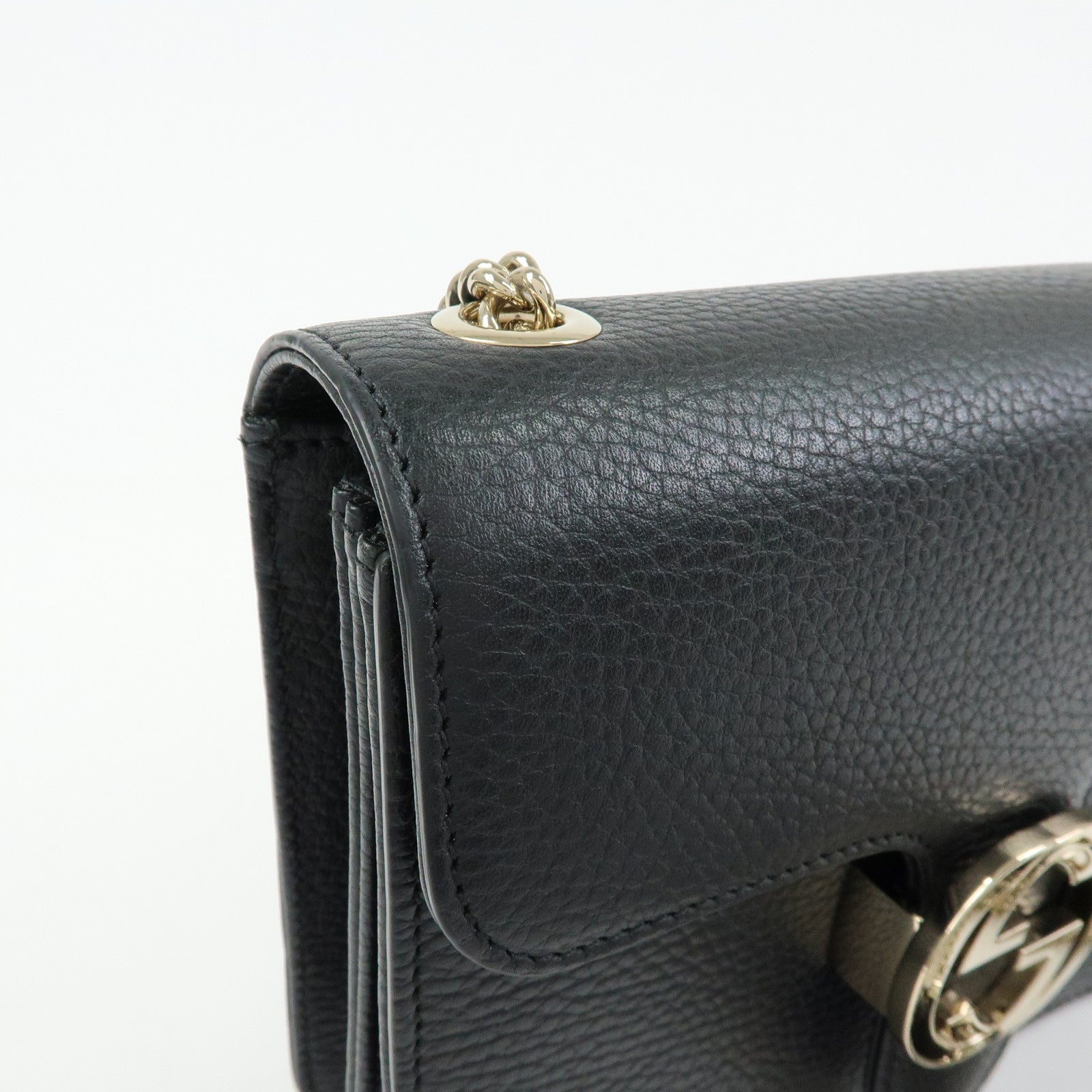 GUCCI Interlocking G Leather Chain Flap Shoulder Bag Black 510304