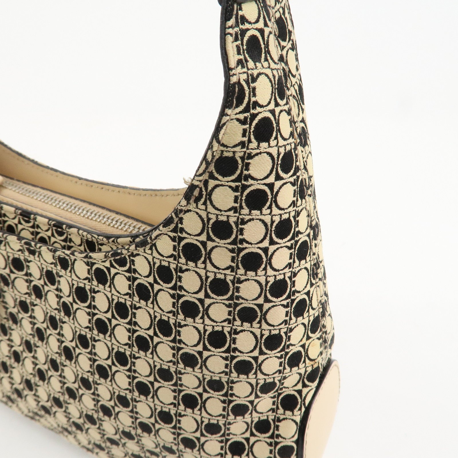 Ferragamo Gancini Canvas Leather Shoulder Bag Hand Bag Beige Black