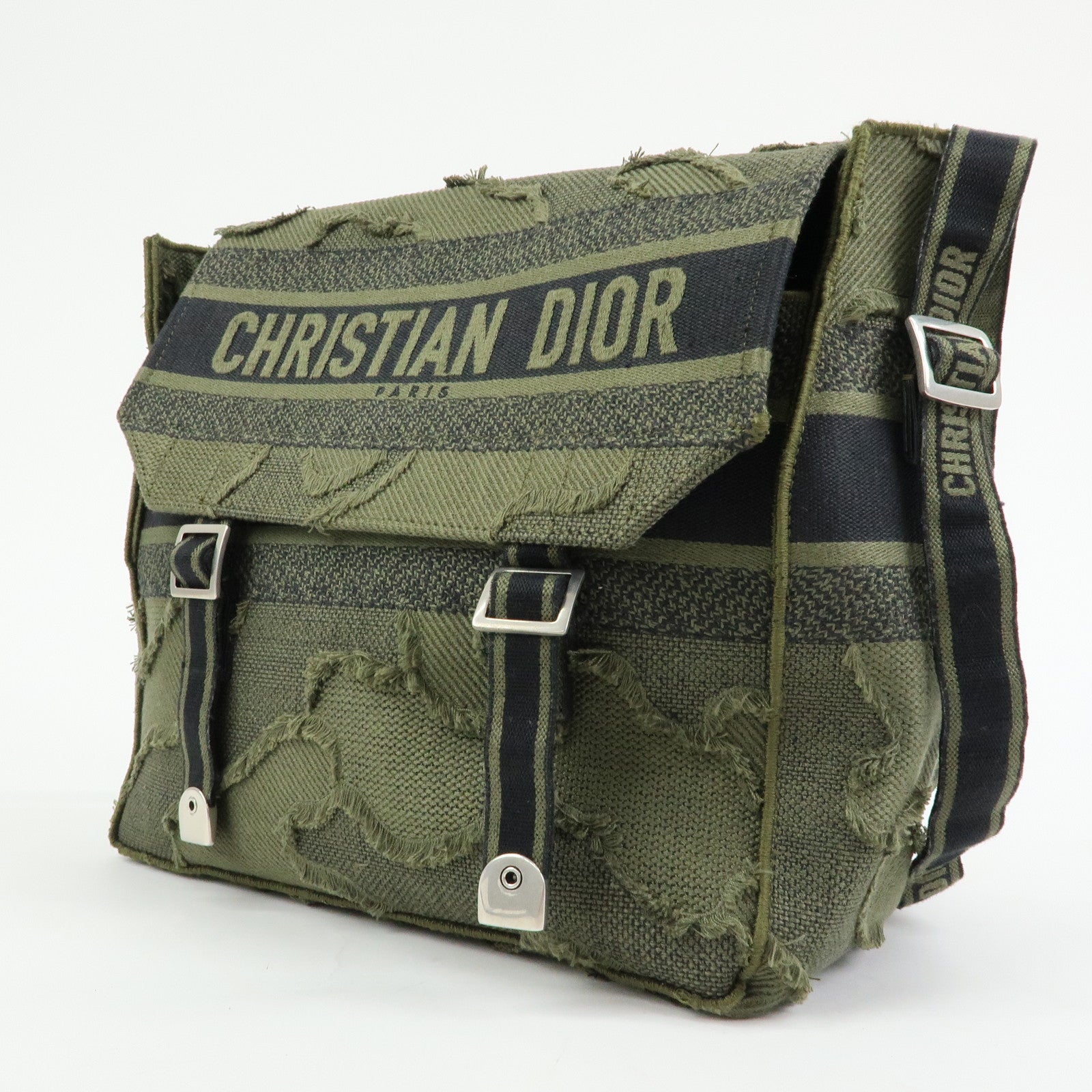 Christian Dior Dior Camp Cotton Canvas Shoulder Bag Khaki Black