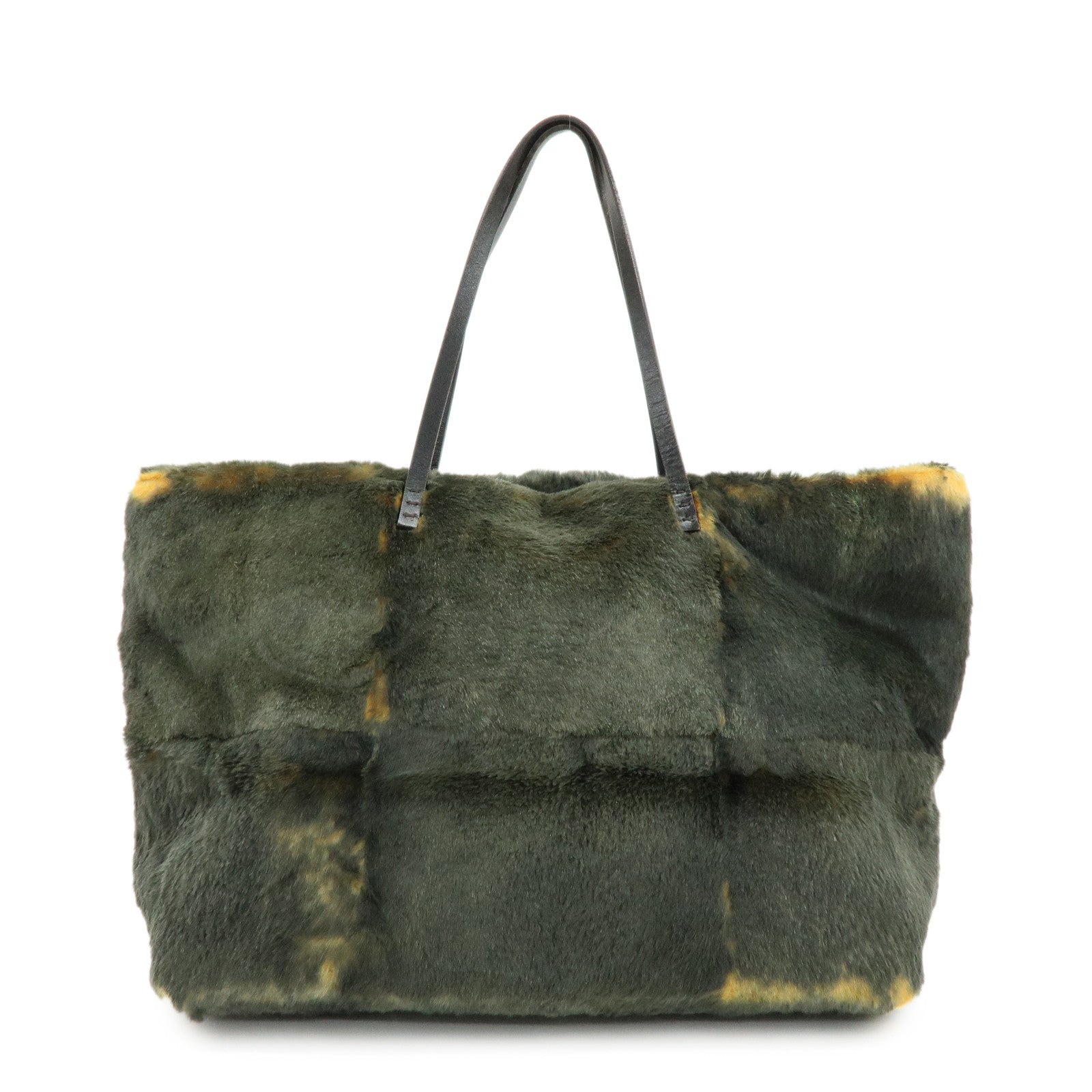 FENDI Fur Leather Tote Bag Hand Bag Brown Yellow 8BH005