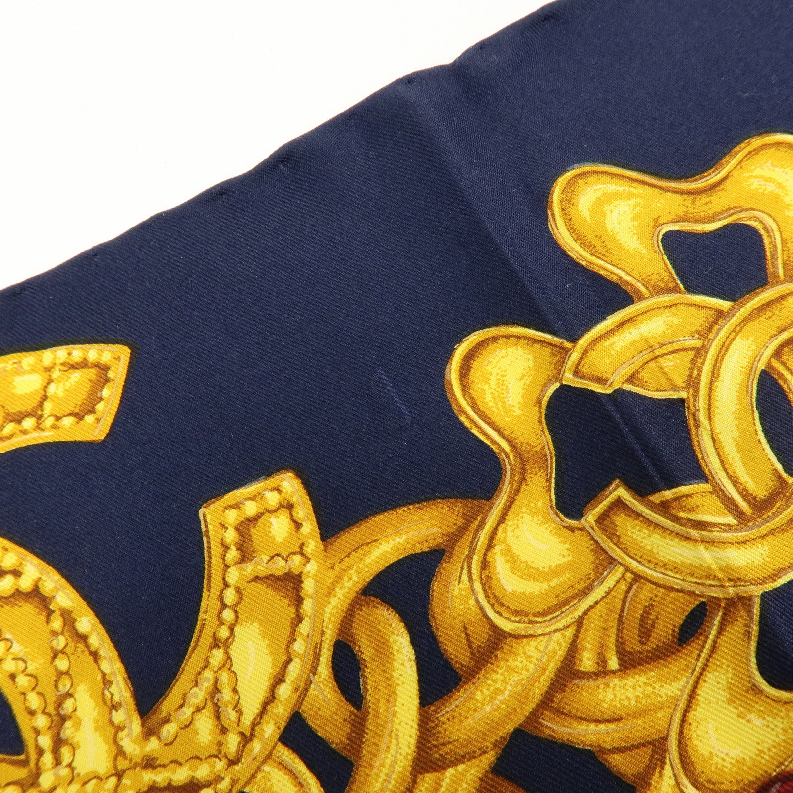CHANEL Silk 100% Scarf COCO Mark Chain Motif Navy Gold