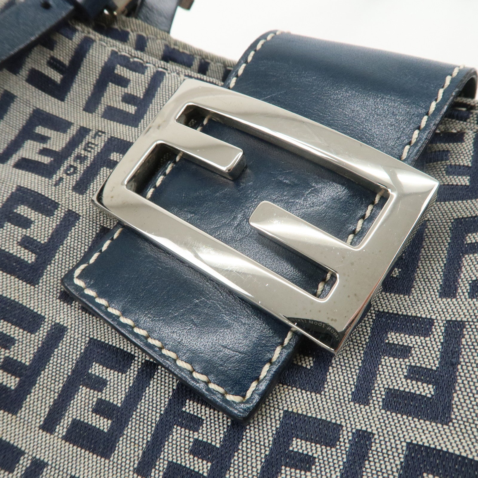 FENDI Zucchino Canvas Leather Tote Bag Shoulder Bag Navy Gray