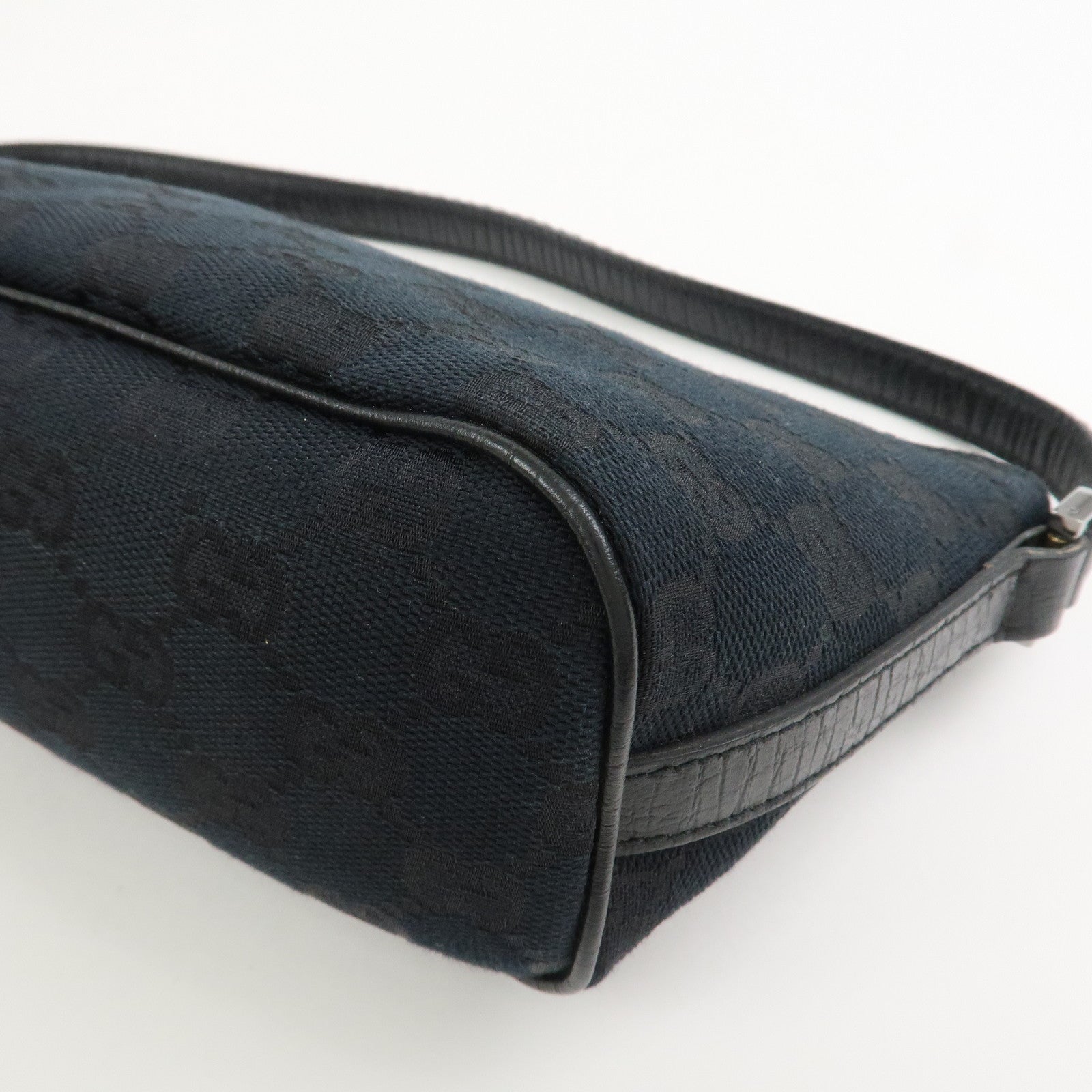 GUCCI Boat Bag Sherry GG Canvas Leather Hand Bag Black 141809