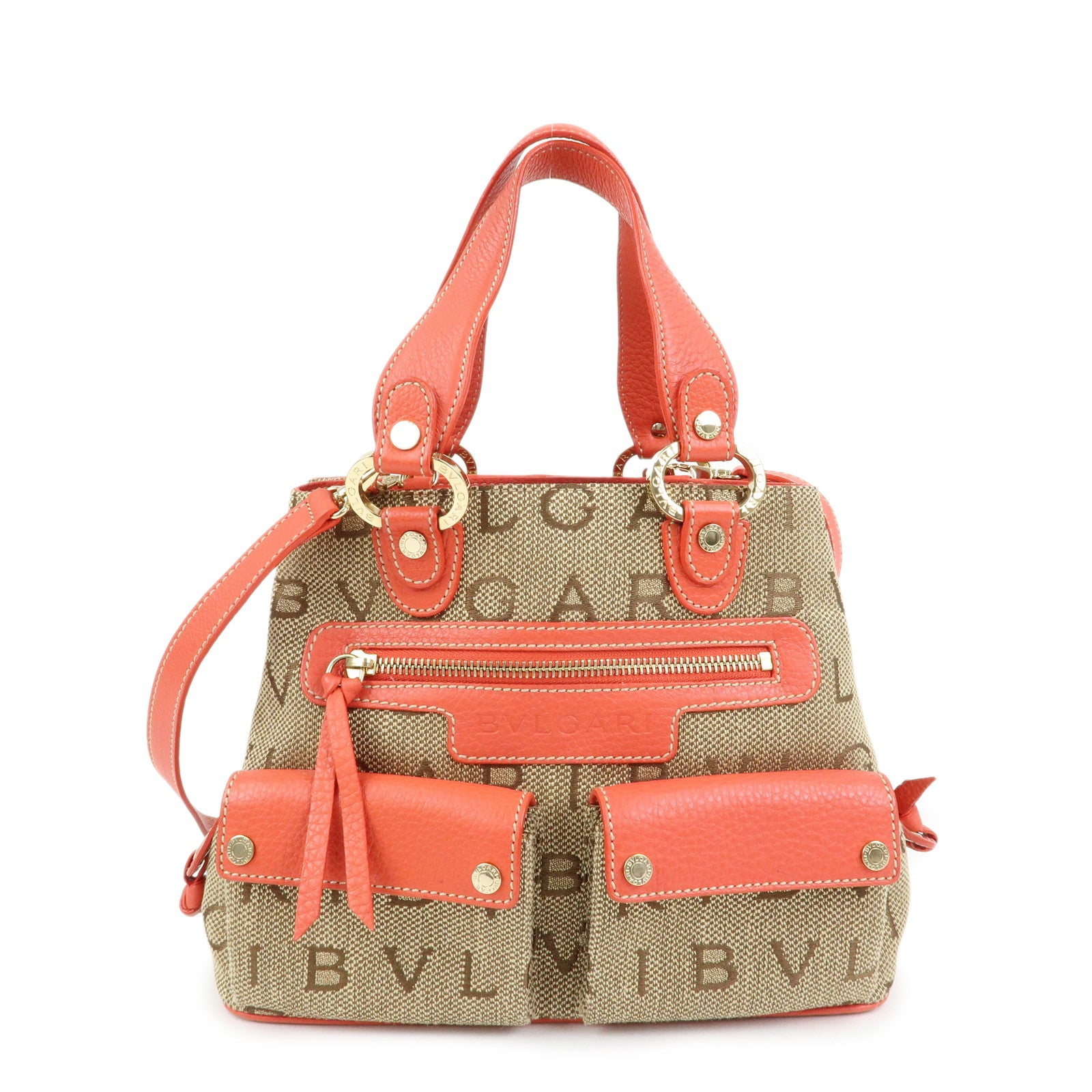 BVLGARI Logomania Canvas Leather 2Way Hand Shoulder Bag Brown Coral