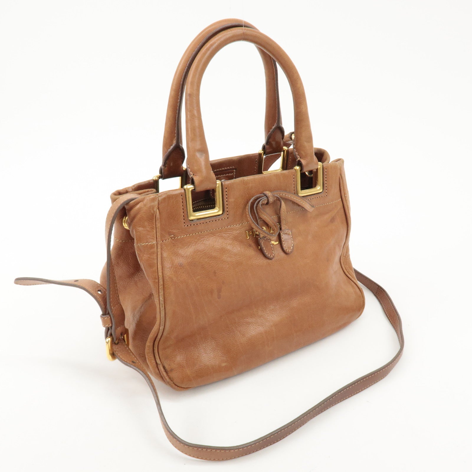 PRADA Logo Leather Ribbon 2Way Bag Hand Bag Brown BN2245 Used