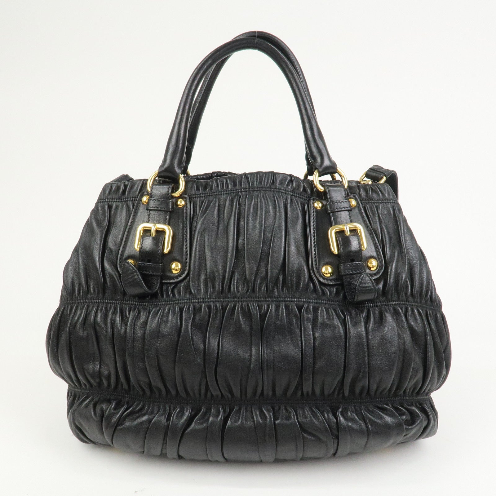 PRADA Leather Gathered 2Way Shoulder Bag Hand Bag Black BN1789