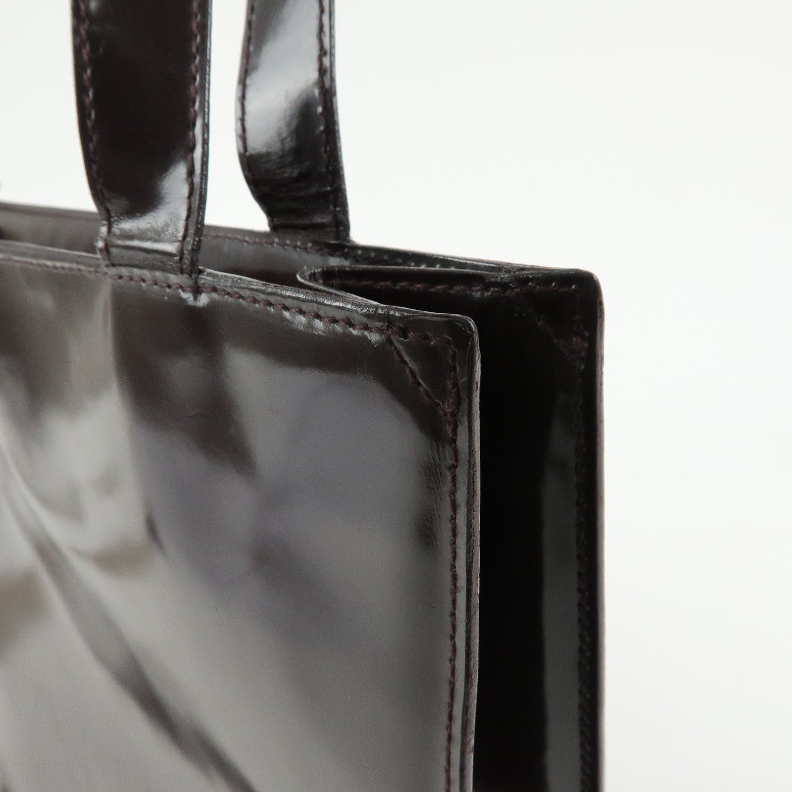 CHANEL Logo Patent Leather Tote Bag Shoulder Bag Brown