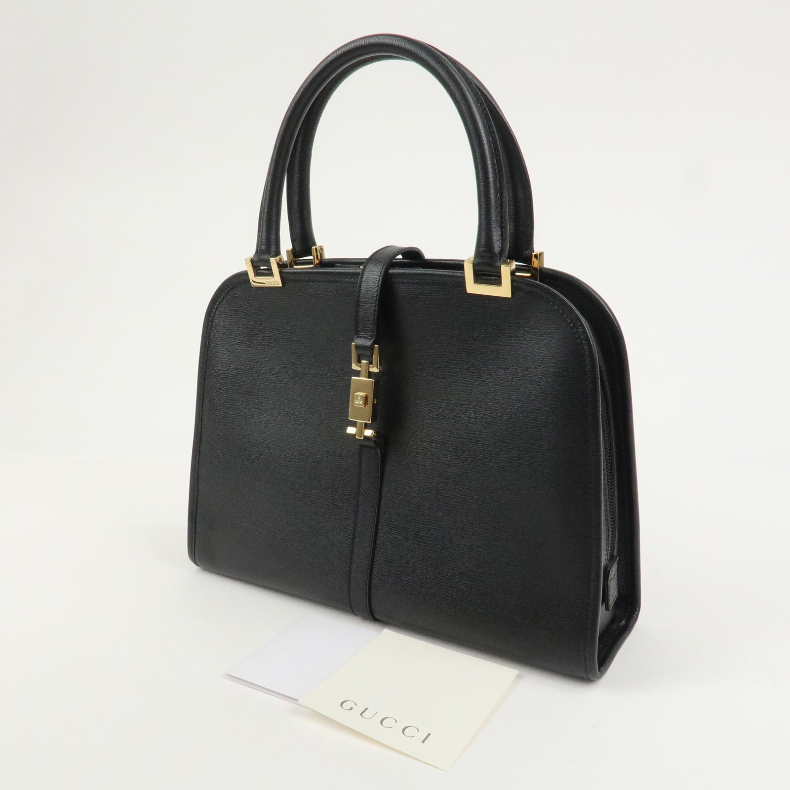 GUCCI Jackie Leather Hand Bag Tote Bag Black Gold 002.1071