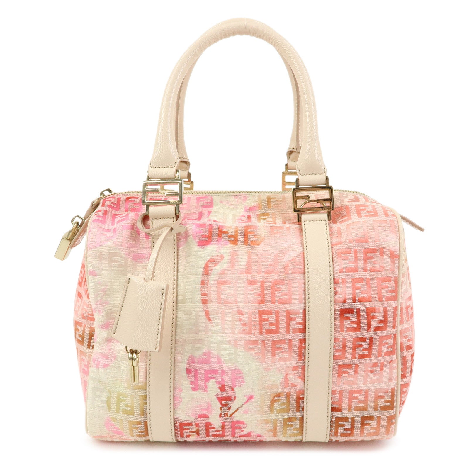 FENDI Zucchino Canvas Leather Mini Boston Bag Hand Bag Pink Ivory