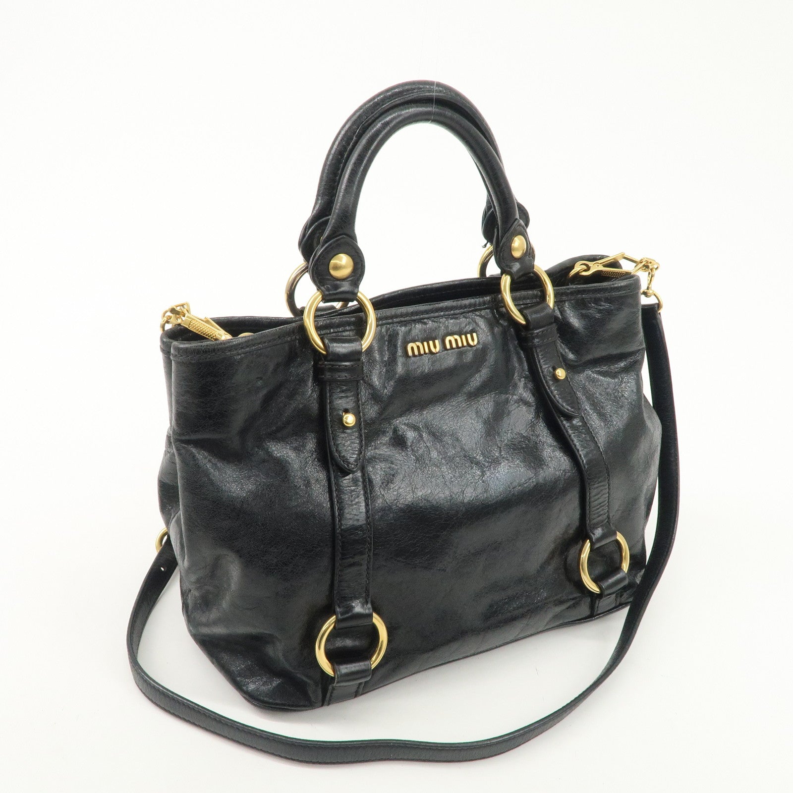 MIUMIU Logo Leather 2WAY Hand Bag Black Gold Hardware RN0685 Used