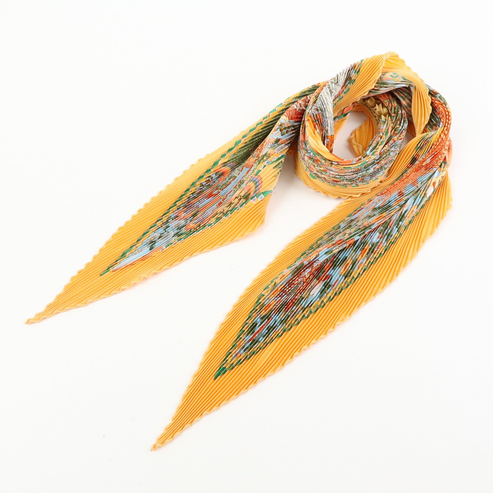 HERMES Pleated Carre 90 Silk 100% Scarf AXIS MUNDI Tree Print