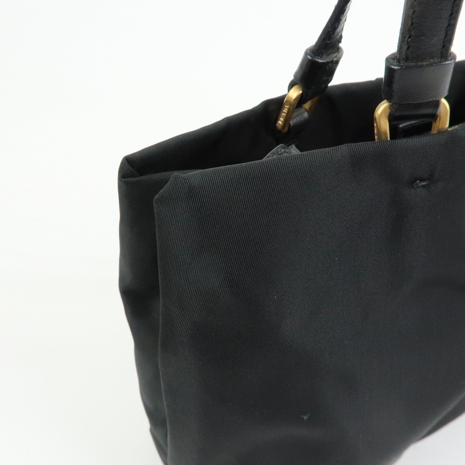 PRADA Triangle Logo Nylon Leather Tote Bag Hand Shoulder Bag Black