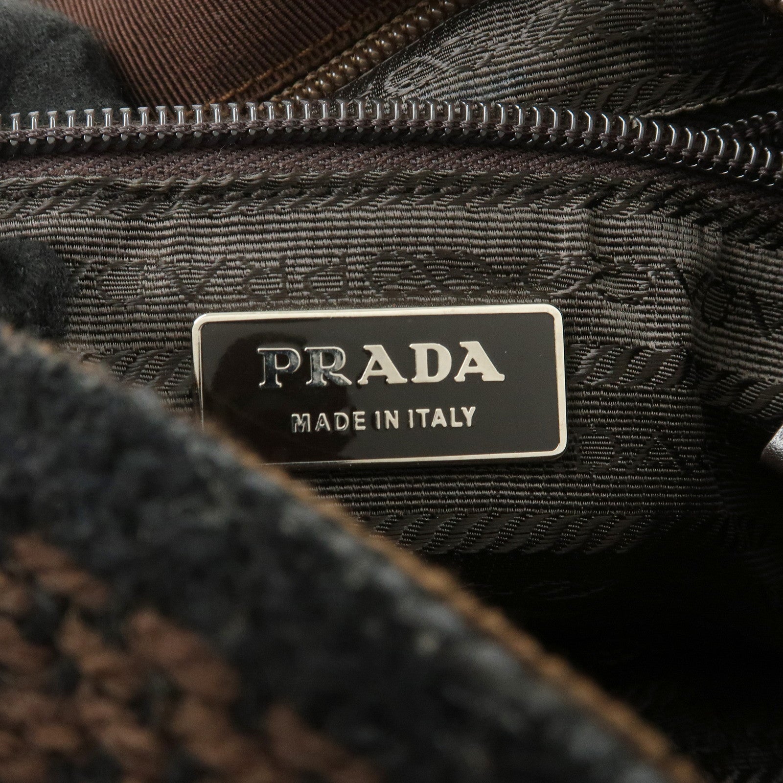 PRADA Triangle Logo Tweed Canvas Hand Bag Brown Black B11268
