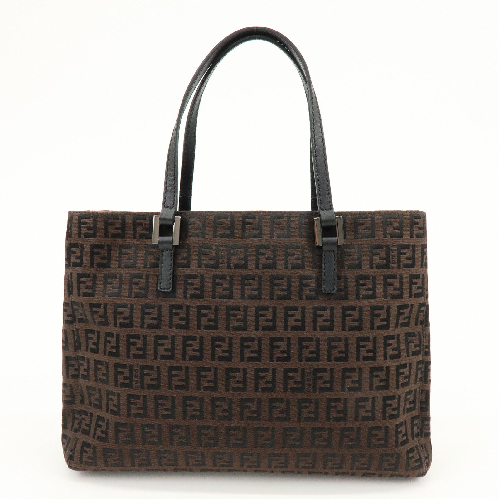 FENDI Zucchino Canvas Leather Tote Bag Shoulder Bag Brown Black