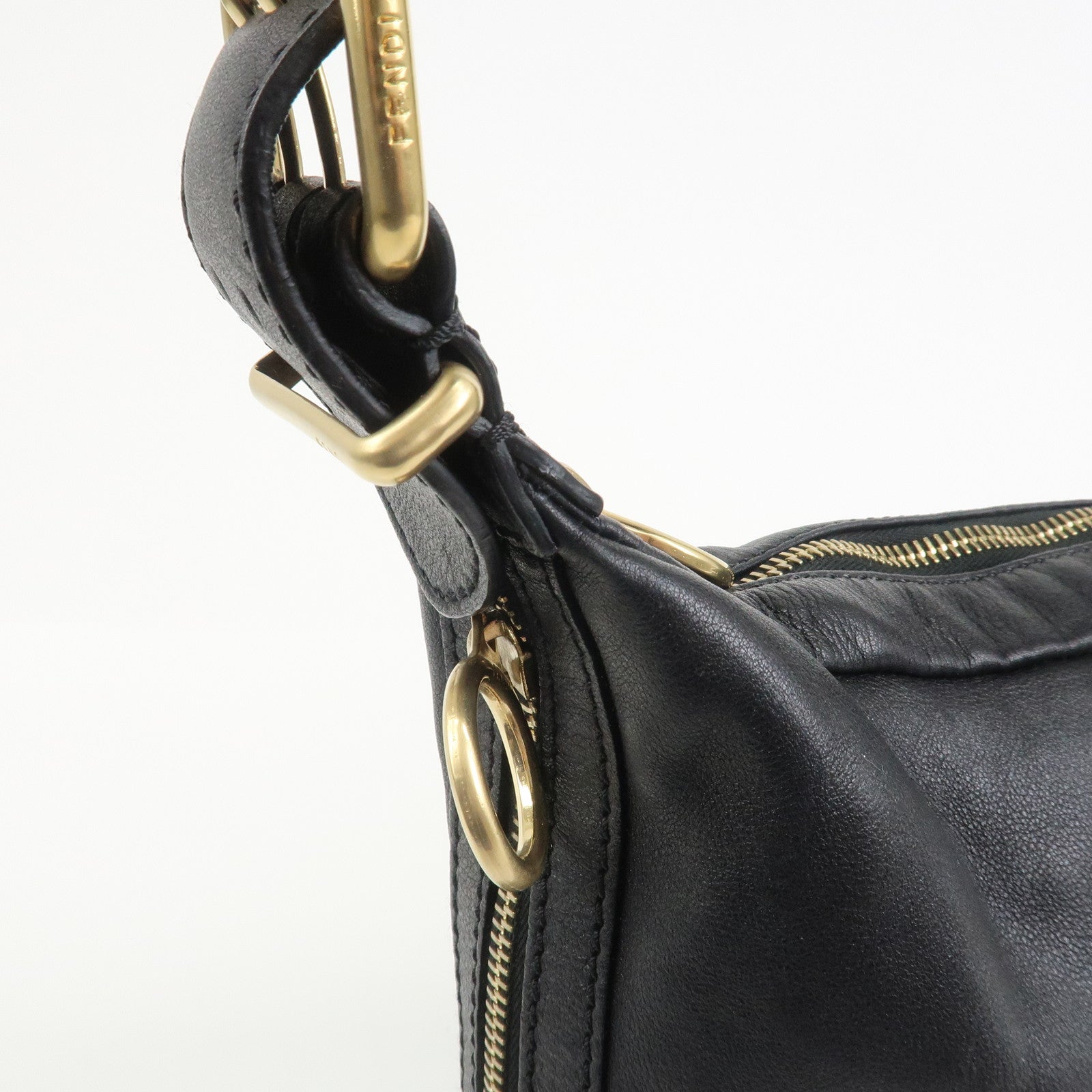 FENDI Logo Leather Shoulder Bag Hand Bag Black 8BR228