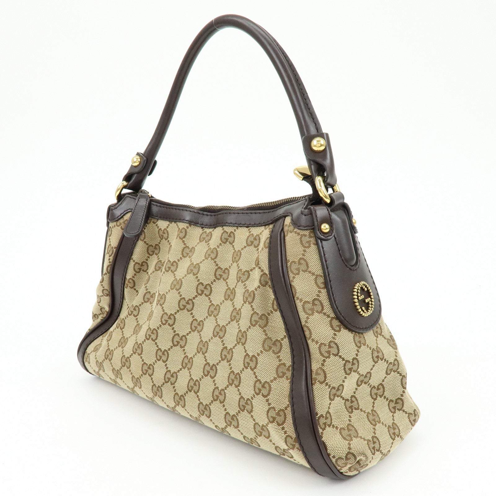 GUCCI Interlocking G Canvas Leather Shoulder Bag Beige 282298